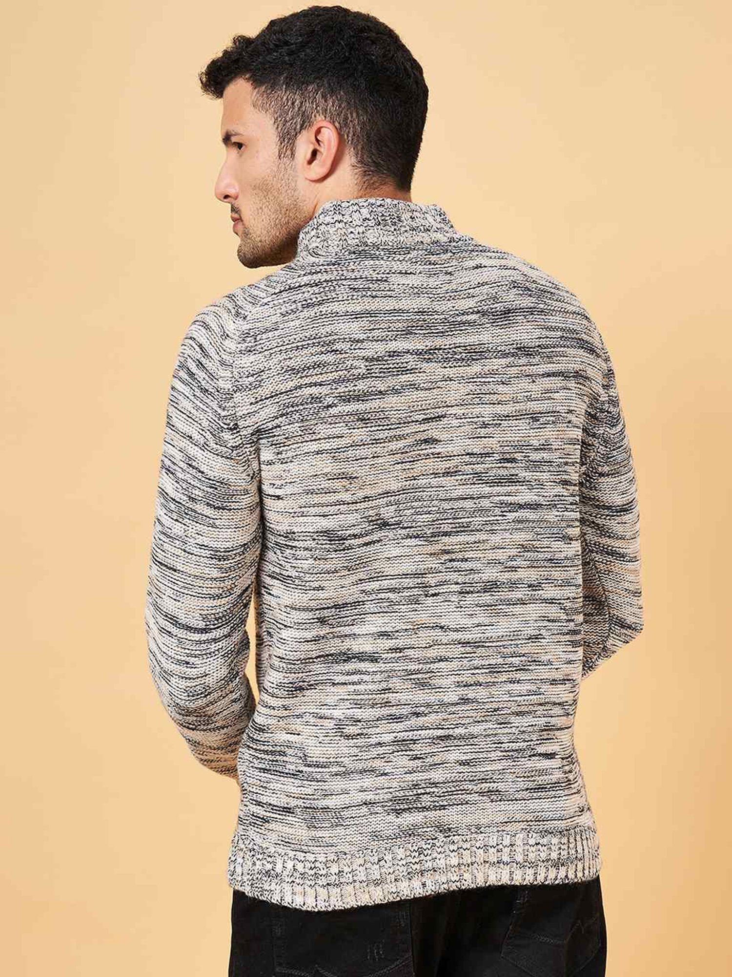 Byford by Pantaloons Beige Slim Fit Self Pattern Sweater