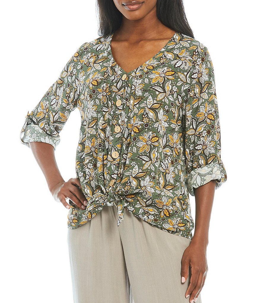 I.N. Studio Floral Print Crepon V-Neck Fold Pintuck Details 3/4 Sleeve Button Dow Tie-Front Top
