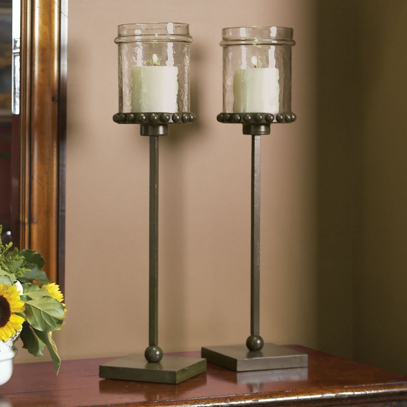 Plum & Post Castillian Hammered Glass Pillar Holder On Tall Stand