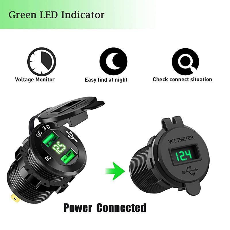 Charge 30 Dual USB Car Charger Socket 12V24V 36W QC30 Dual USB Fast Charger Aluminum Socket Power Outlet with LED Voltmeter for Marine Boat Motorcycle Truck Golf Cart