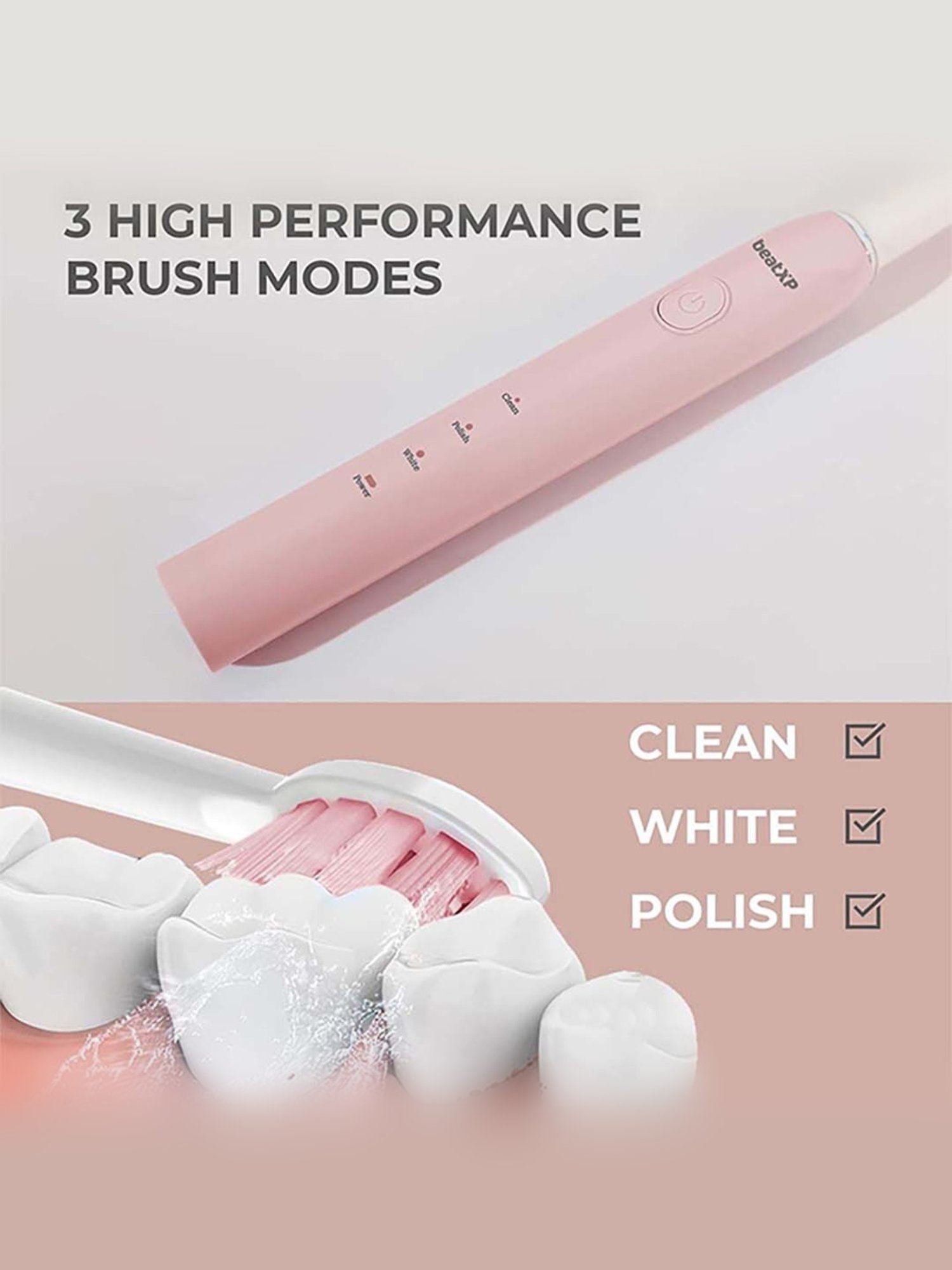 beatXP Buzz Sonic Electric Toothbrush with 3 Cleaning Modes (Pink)