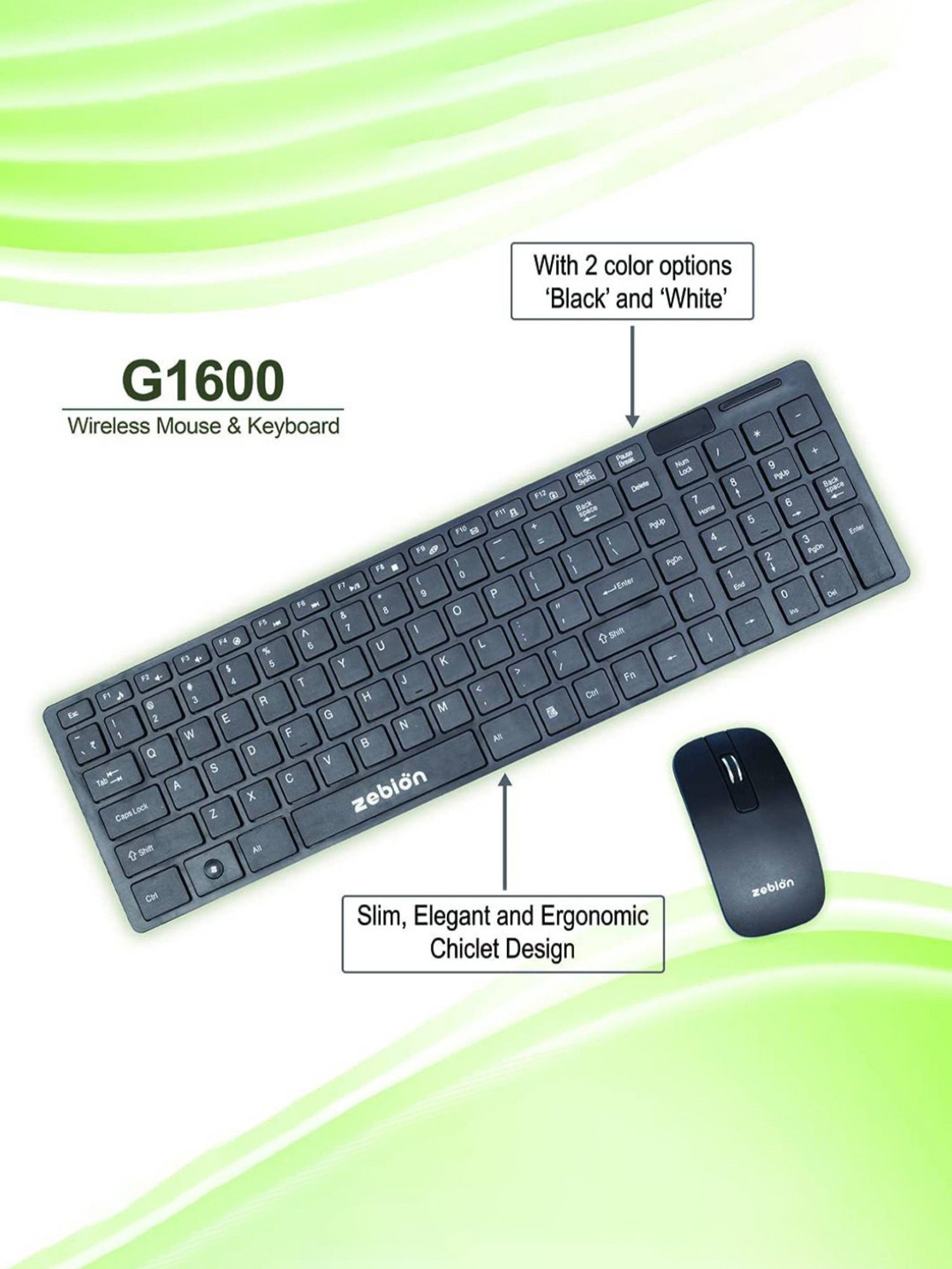 Zebion G1600 Wireless Keyboard Mouse Combo and Pronto 101 USB HUB (Black)