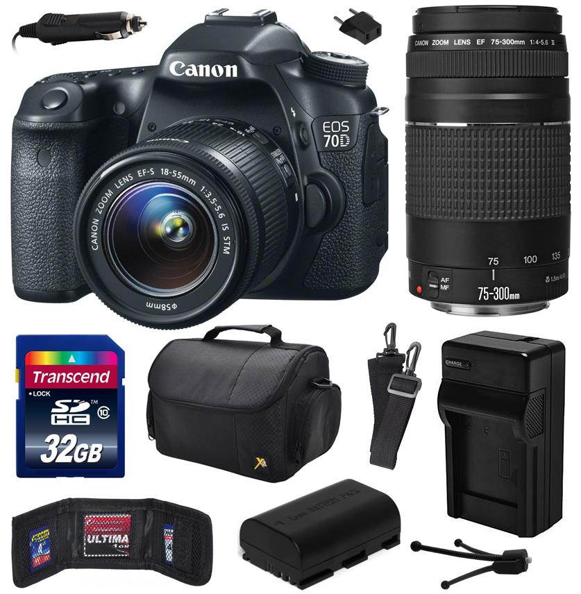 Canon EOS 70D Digital SLR Camera with 18-55mm STM and EF 75-300mm f/4-5.6 III Lens includes 32GB Memory + Large Case + Extra Battery + Travel Charger + Memory Card Wallet + Cleaning Kit 8469B009