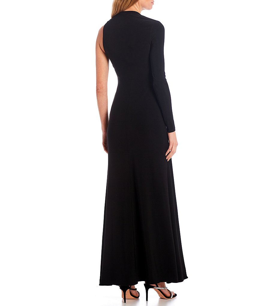 Betsy & Adam One Sleeve Asymmetrical Neckline Stretch Gown