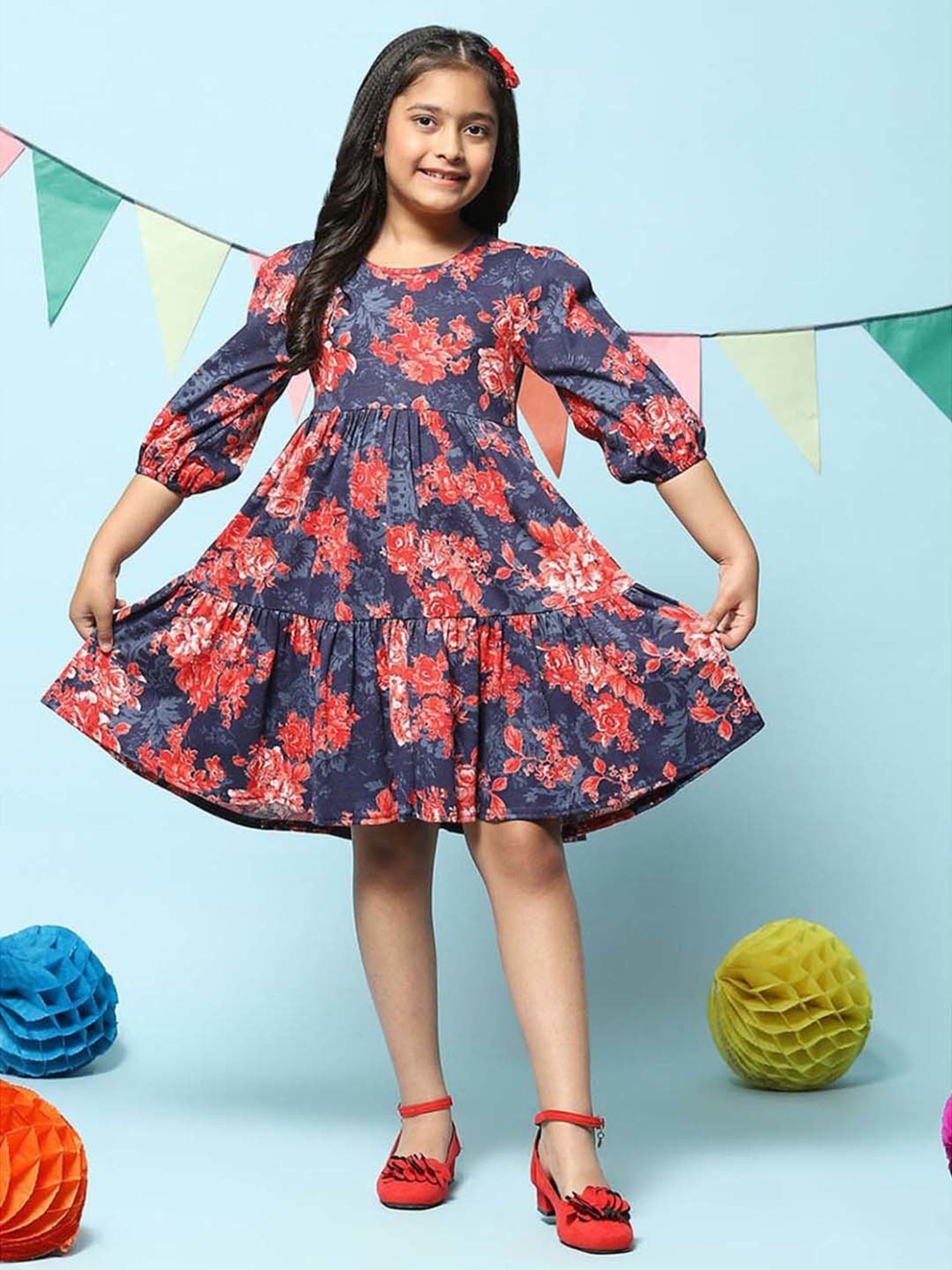 BIBA Girls Kids Blue & Coral Cotton Printed Dress