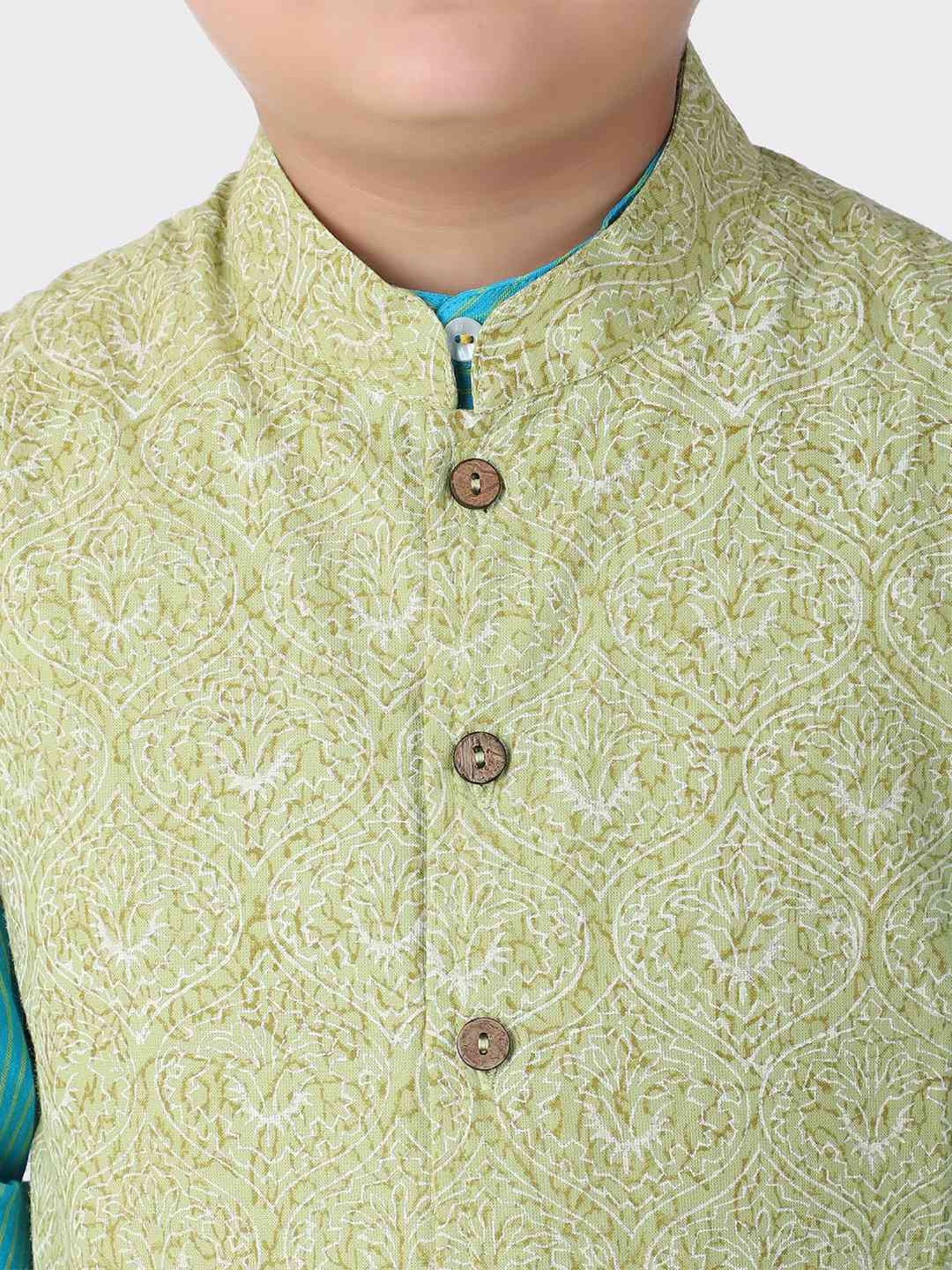 Fabindia Kids Green Cotton Printed Nehru Jacket