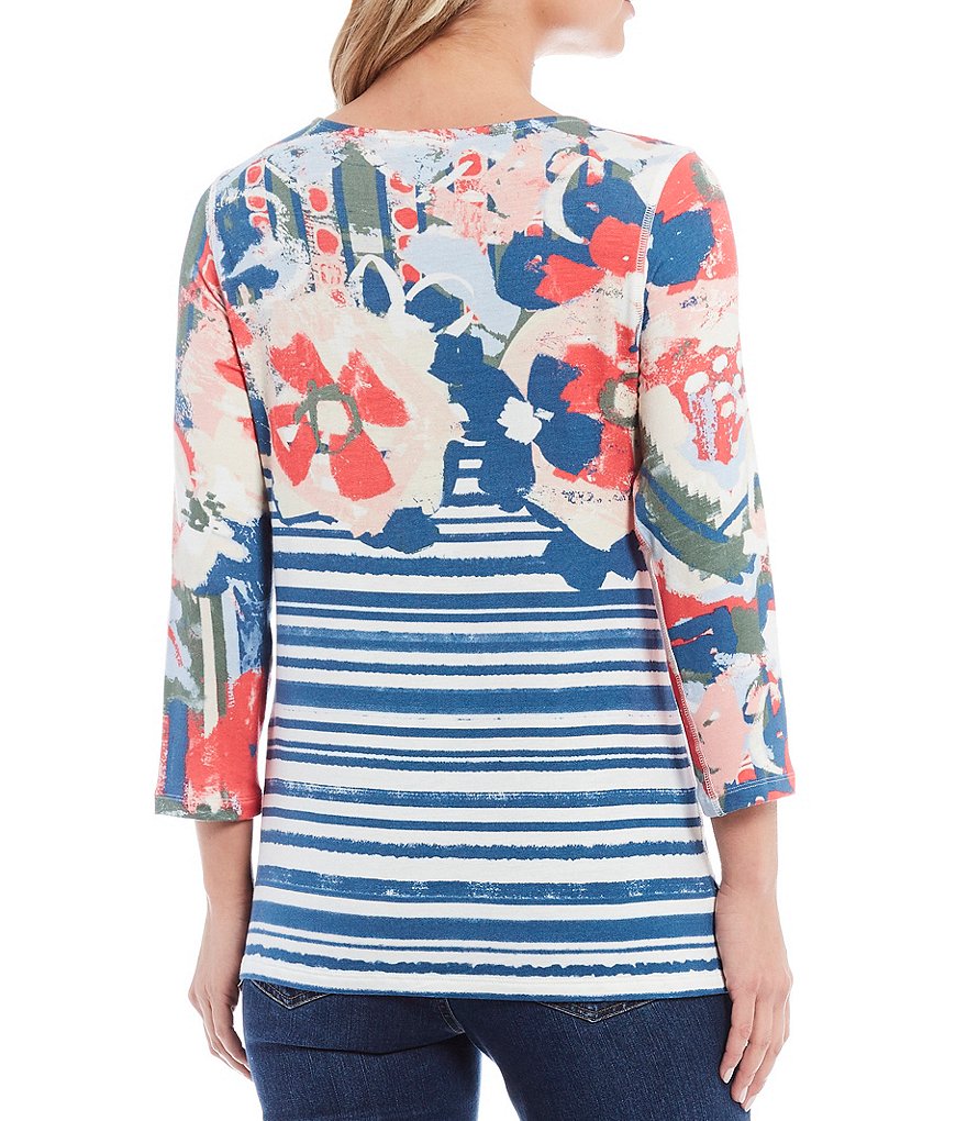 Multiples Floral Stripe Placed Print 3/4 Sleeve Baby French Terry Knit Top