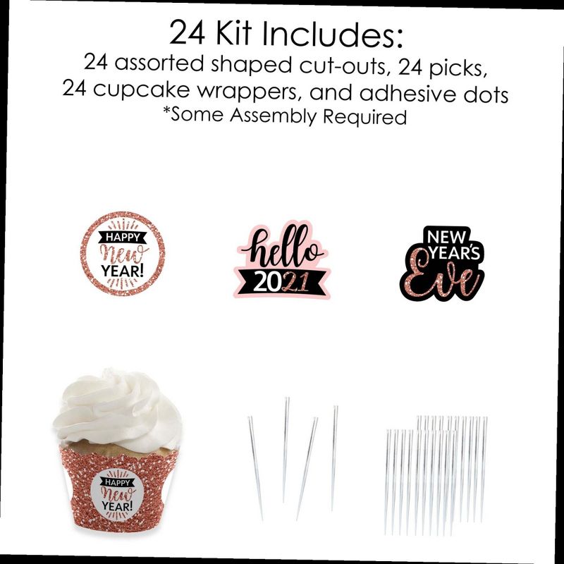Big Dot of Happiness Rose Gold Happy New Year - Cupcake Decoration - 2021 New Year's Eve Party Cupcake Wrappers and Treat Picks Kit - Set of 24