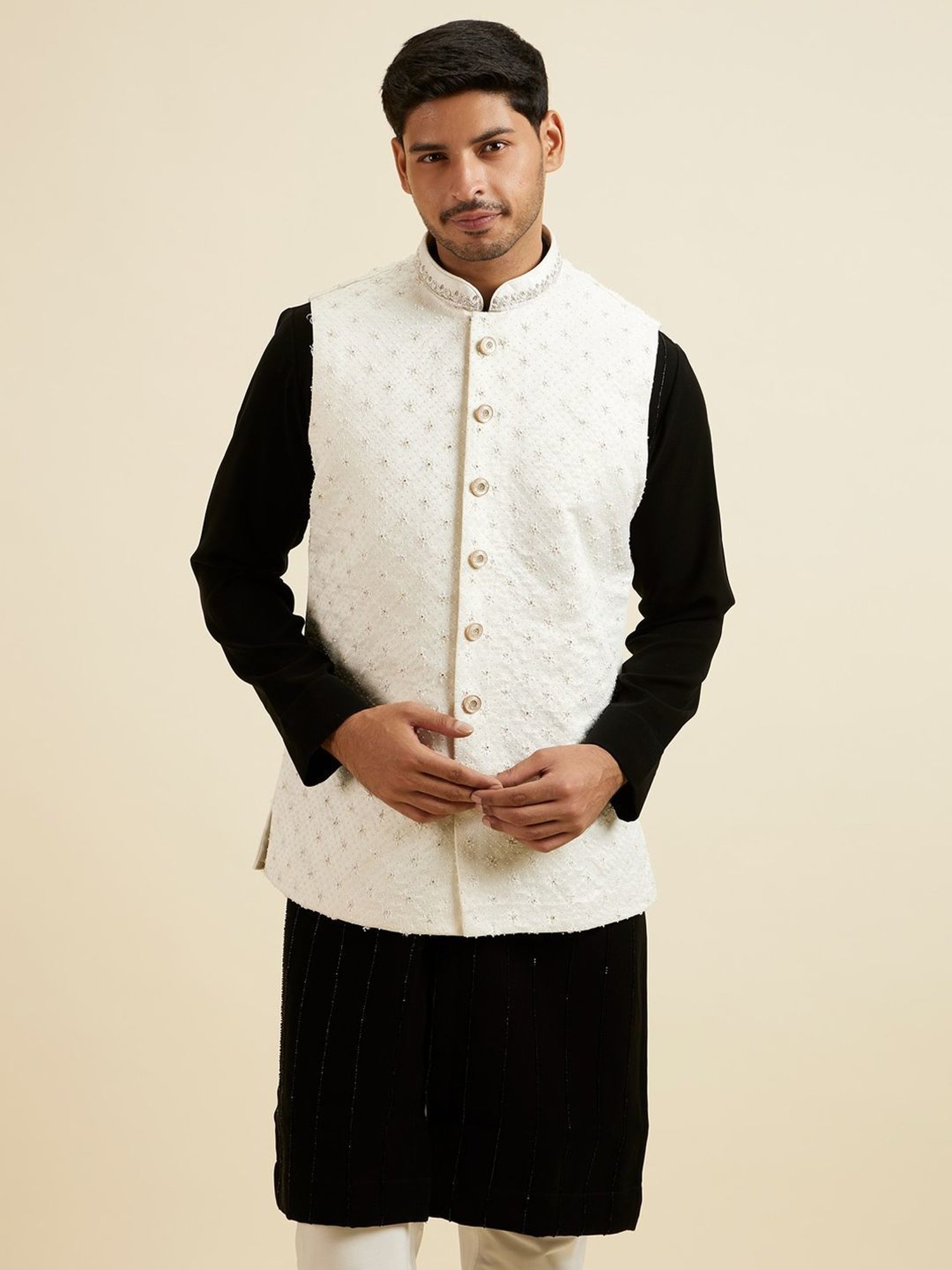 Manyavar White Regular Fit Embellished Nehru Jacket