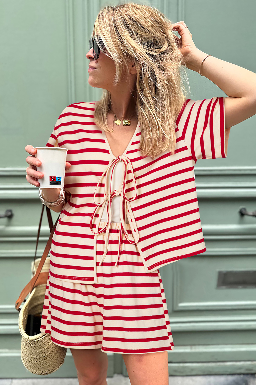 Skobeloff Textured Ruffle Split Top and Drawstring Shorts Set