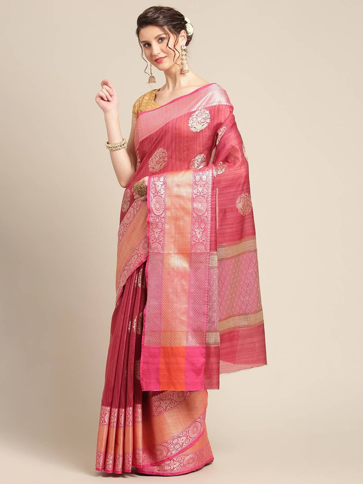 Banarasi Silk Works Strawberry Woven Saree with Blouse