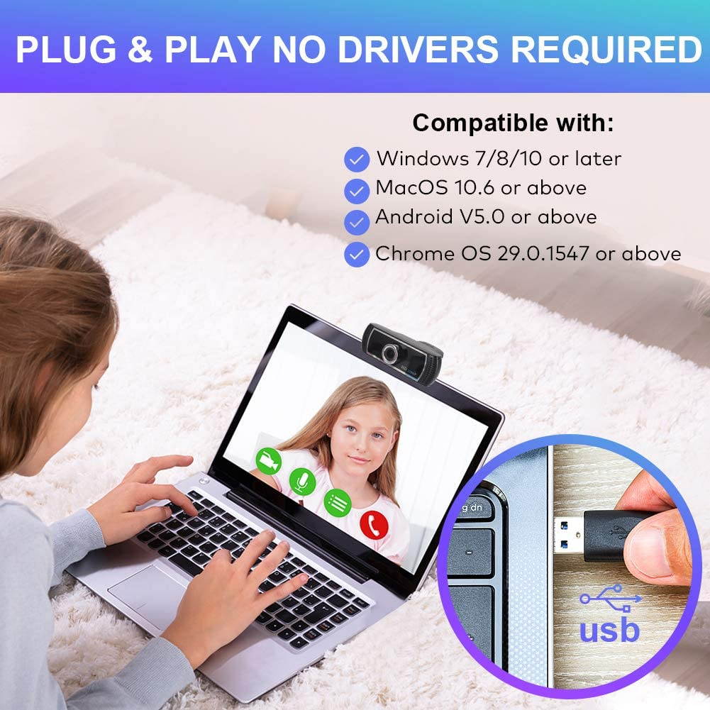 HD Webcam 1080p with Microphone, Plug and Play USB Web Camera with Facial-Enhancement for Streaming, Video Conferencing and Recording, Compatible with Desktop, Computer, PC and Laptop