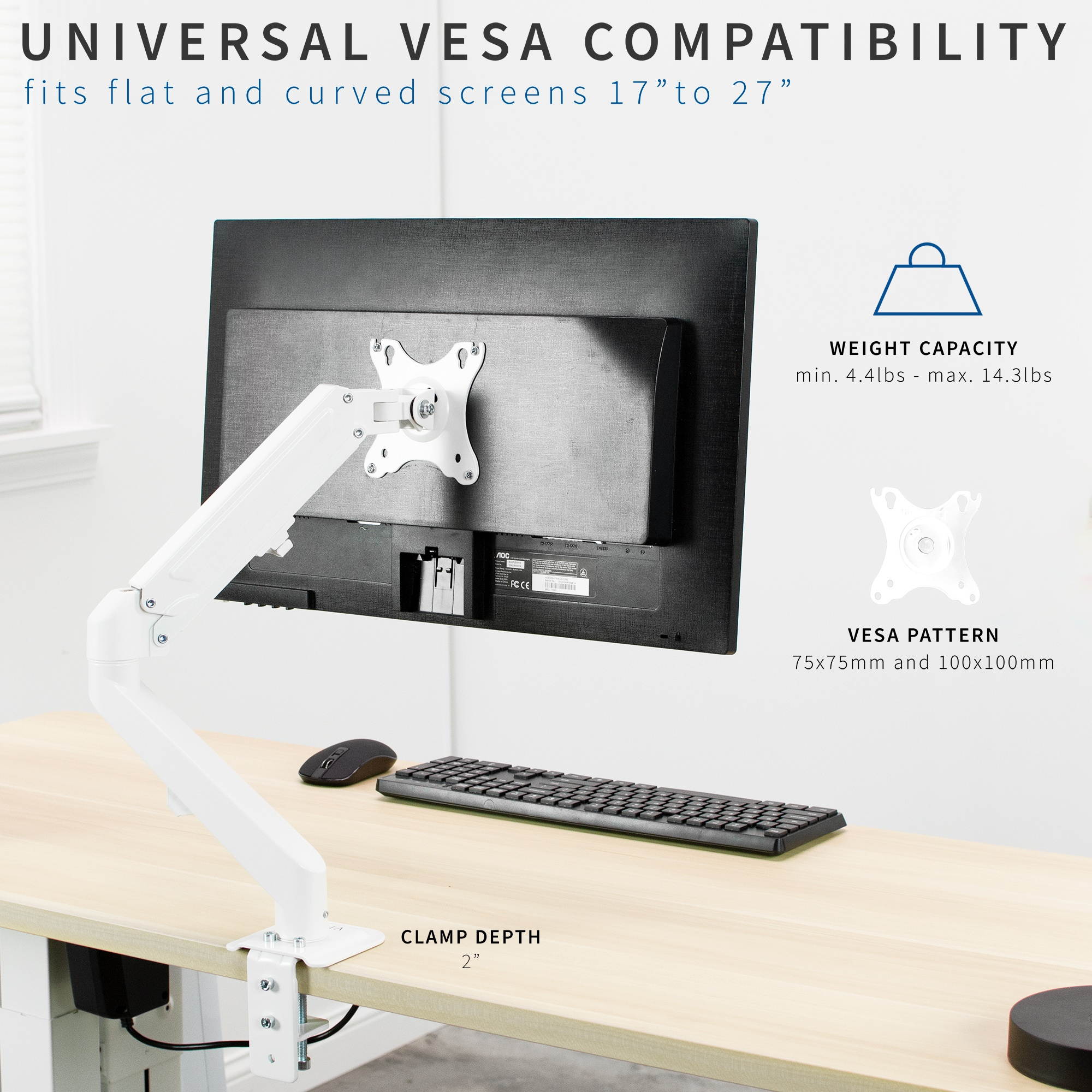 VIVO White Articulating Single Pneumatic Spring Arm Clamp-on Desk Mount Stand | Fits 1 Monitor 17" to 27" (STAND-V101OW)