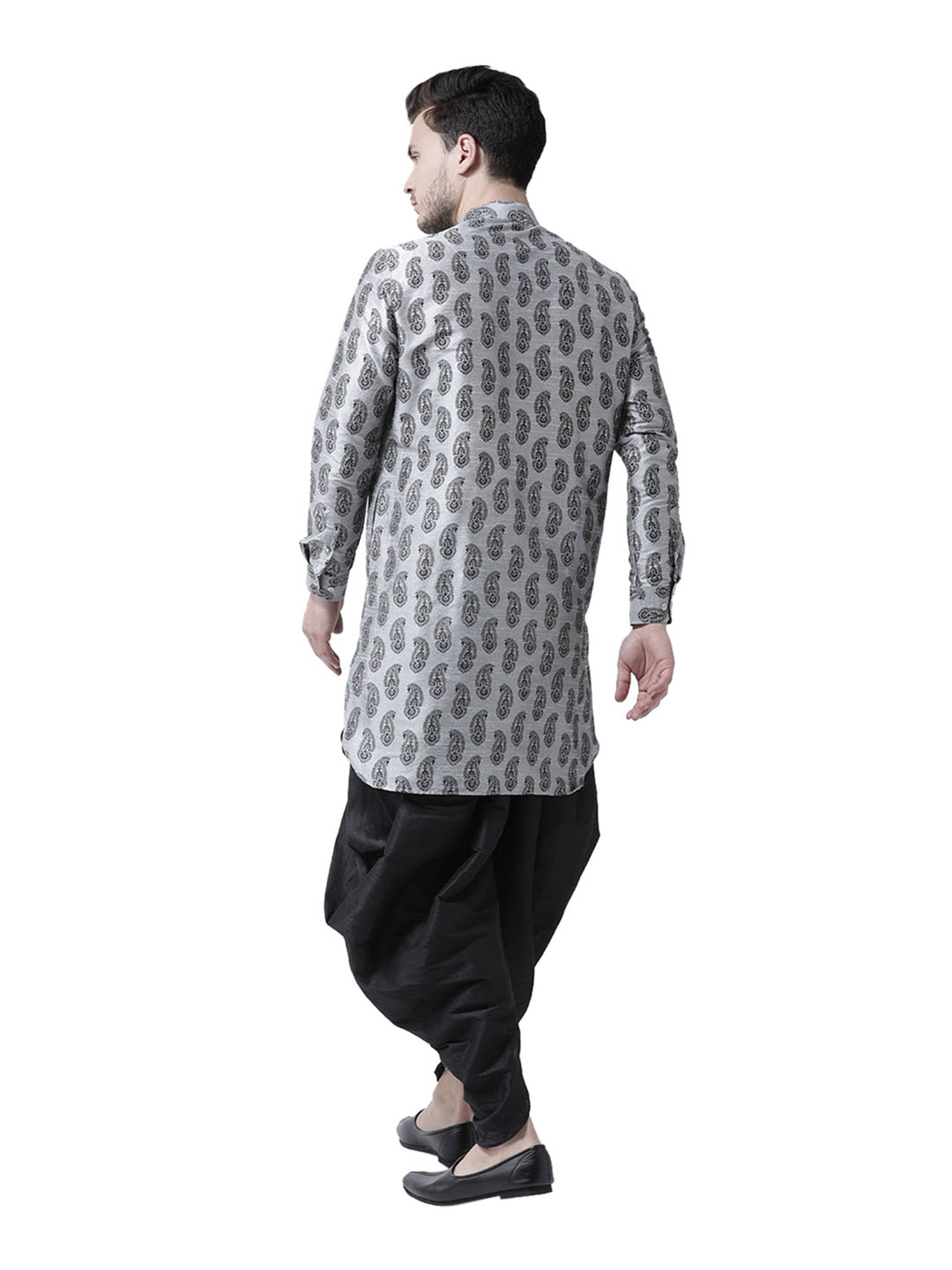 Deyann Light Grey Printed Mandarin Collar Silk Kurta Set