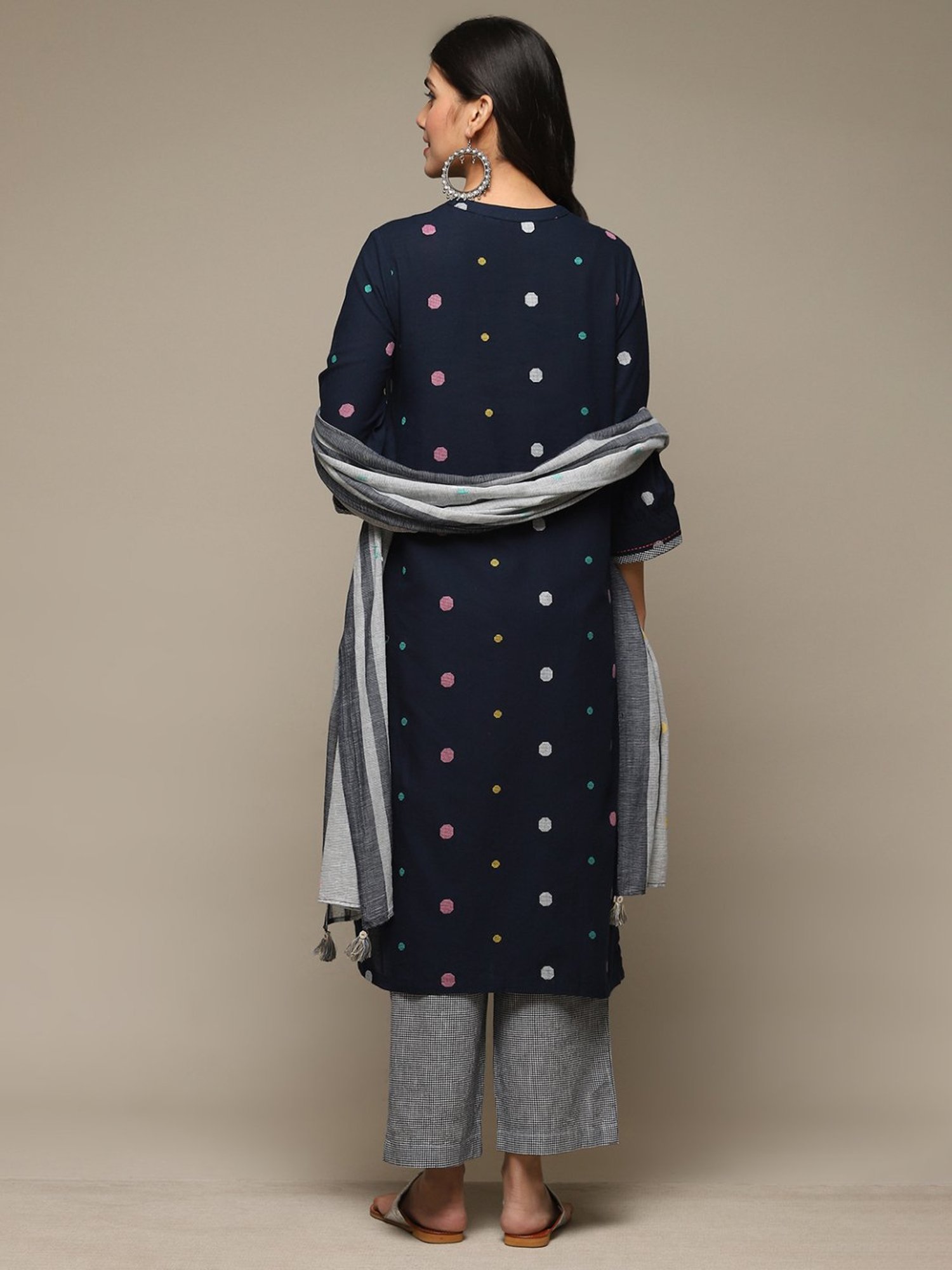 Biba Navy Cotton Embroidered Kurta Palazzo With Dupatta