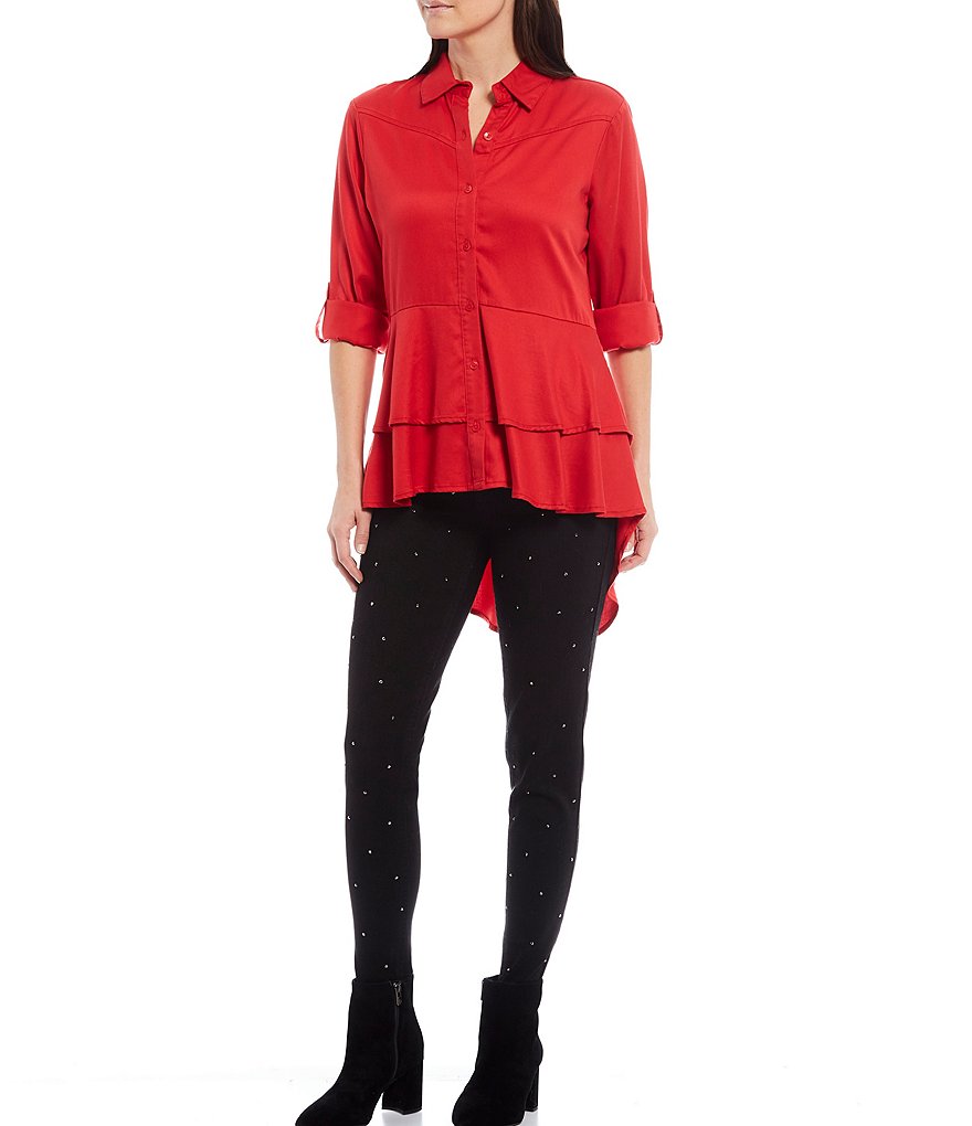 Reba Rodeo Roll-Tab Sleeve Hi-Low Layered Ruffle Button Front Shirt
