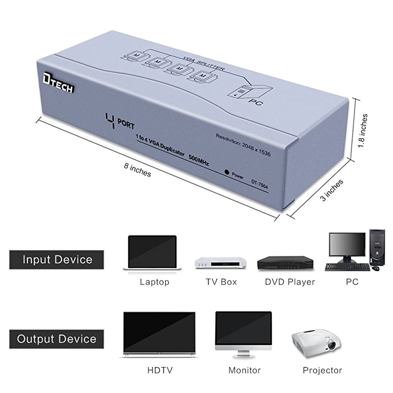 Powered 1 in 4 out VGA Video Splitter Distribution Box Signal Copy with Power Adapter 500MHz High Resolution 1080p