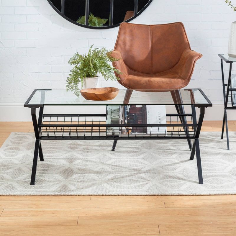 Modern Metal & Glass Coffee Table with Magazine Holder Black - Saracina Home