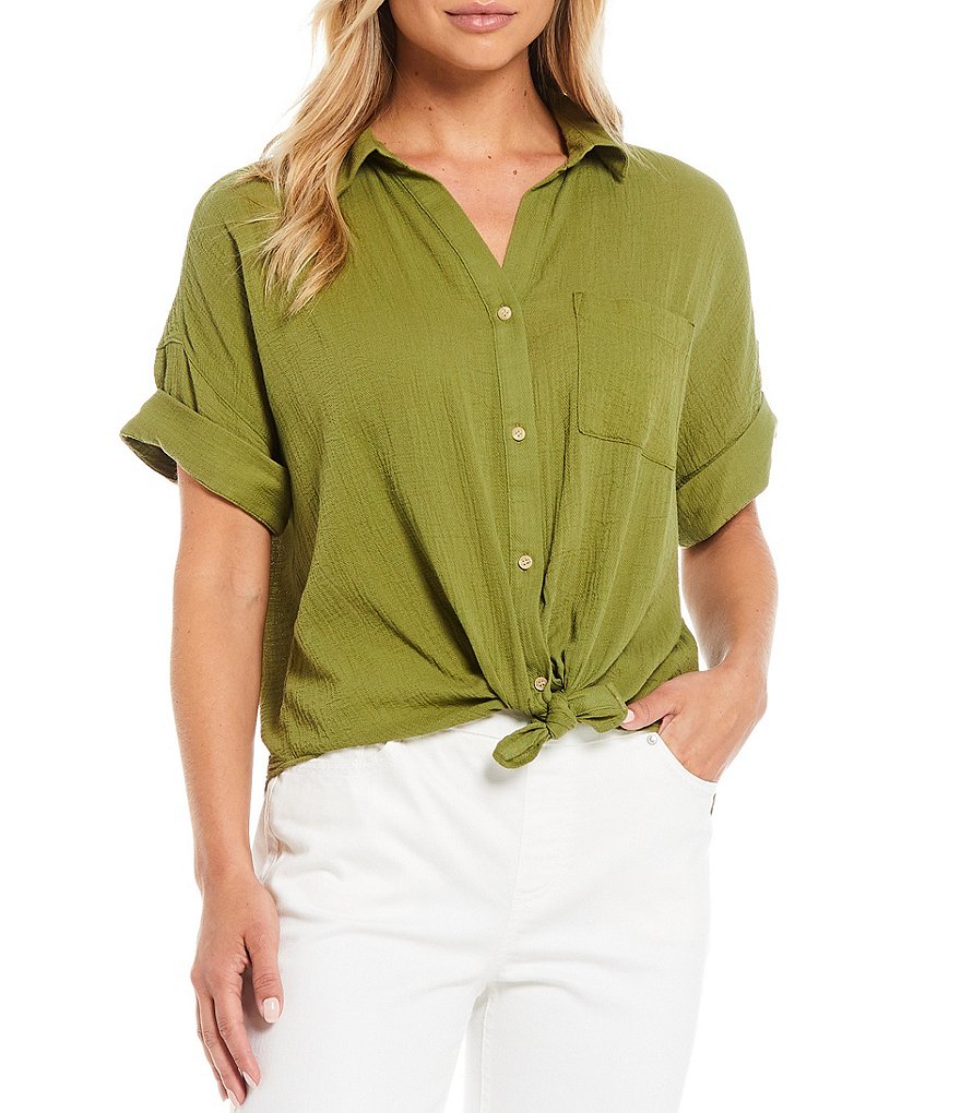Westbound Drop Shoulder One Pocket Tie-Front Shirt