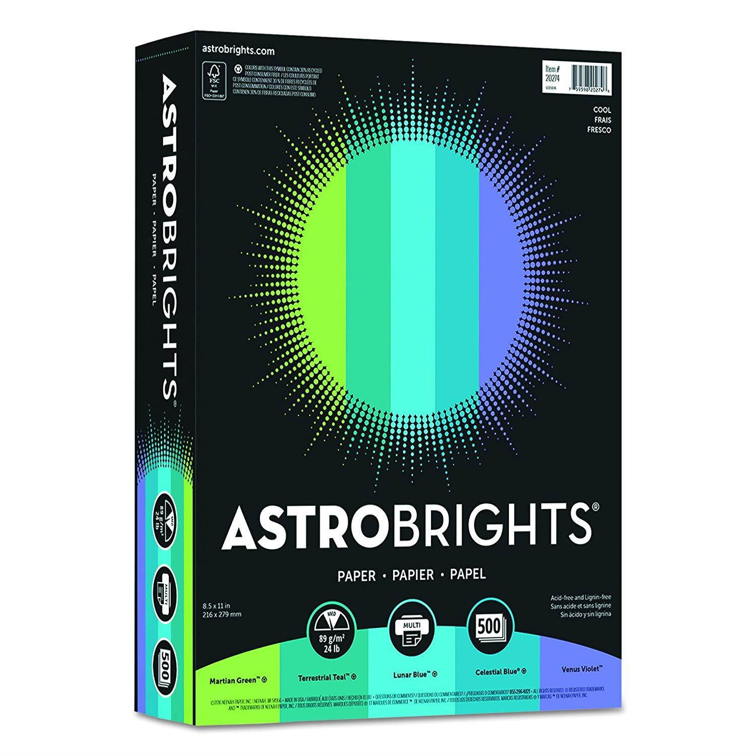 Astrobrights Color Paper, 8.5  x 11 , 24 lb/89 gsm,"Cool" 5-Color Assortment, 500 Sheets (20274)
