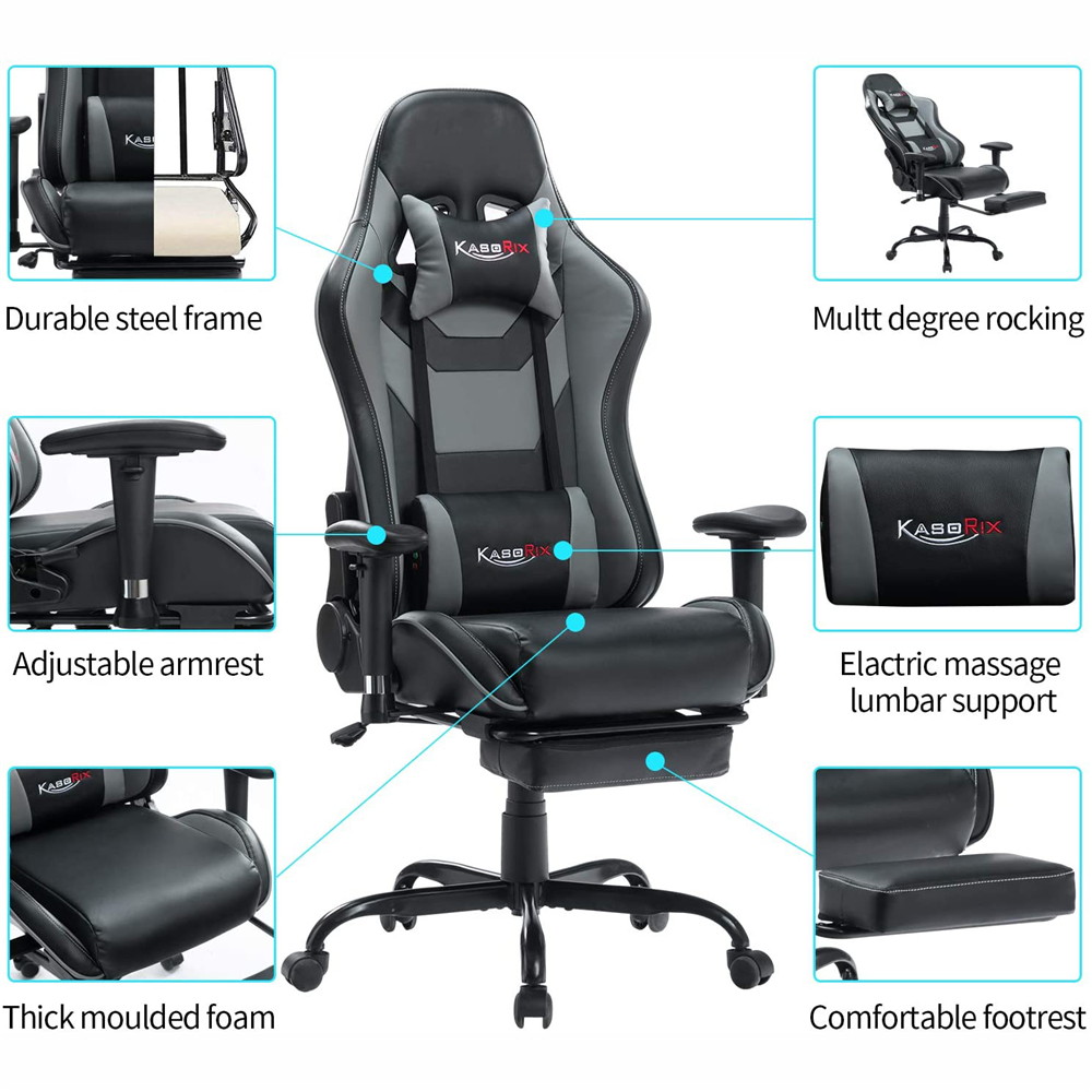 KASORIX Ergonomic Gaming Chair High Back Racing Chair with Footrest Massage Computer Gaming Chair Reclining Home Office Chair with Headrest and Lumbar Support