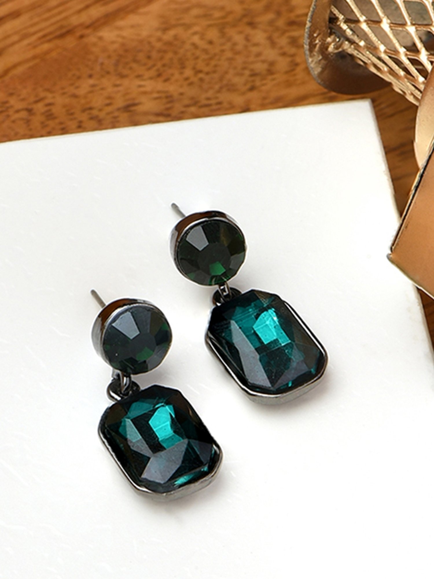 ToniQ Geometric Green Drop Earrings for Women