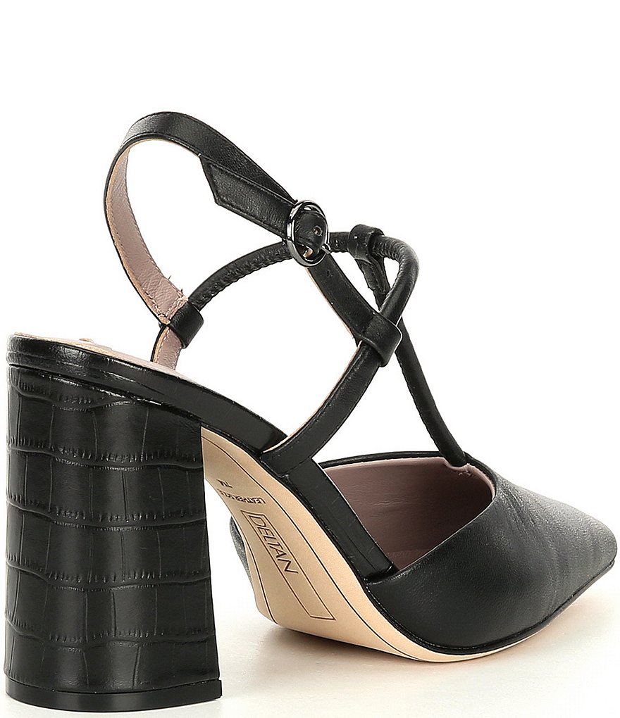 Deltan Tessa T-Strap Croc Embossed Block Heel Pumps
