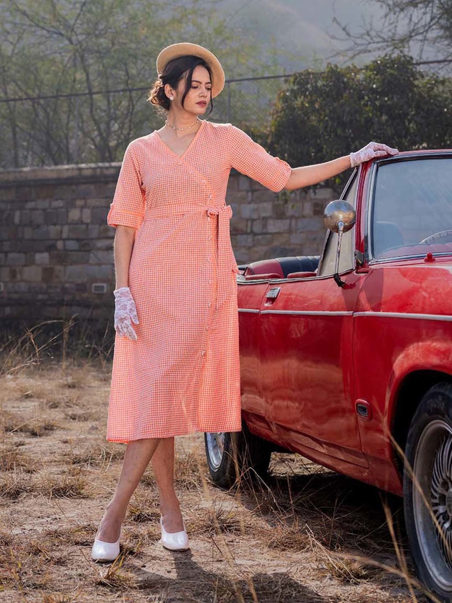 Yufta Orange Check Ethnic Dresses