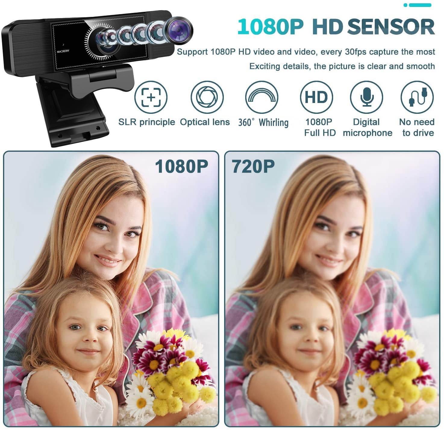 1080P Full HD Webcam for PC or Laptop Video Calling USB Web Cam with Microphone