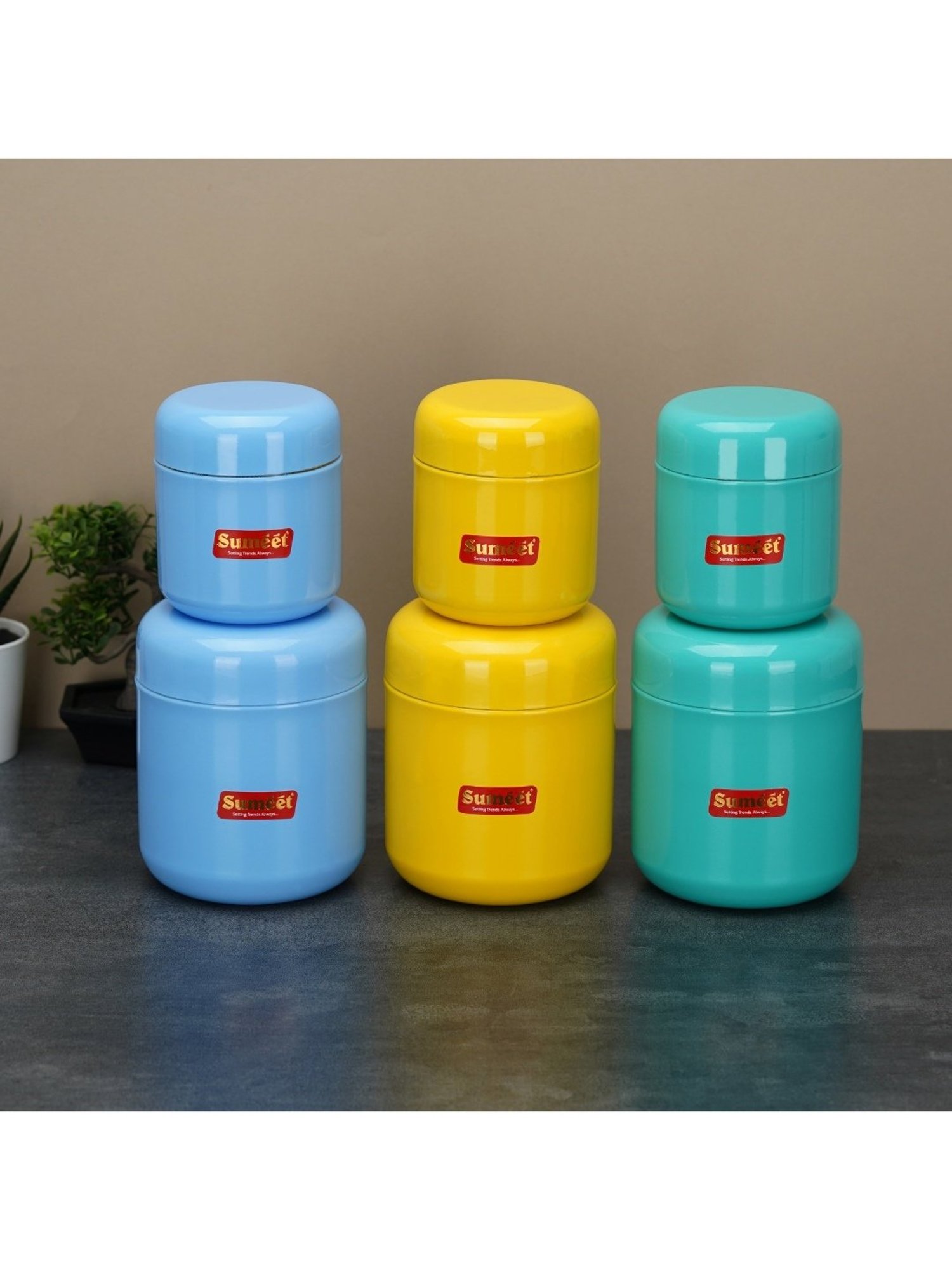 Sumeet S.S.Multi Color Small Jars/Storage Containers set of 6Pc,(3pc-350ml,7.5cm + 3pc-750ml, 9cm)