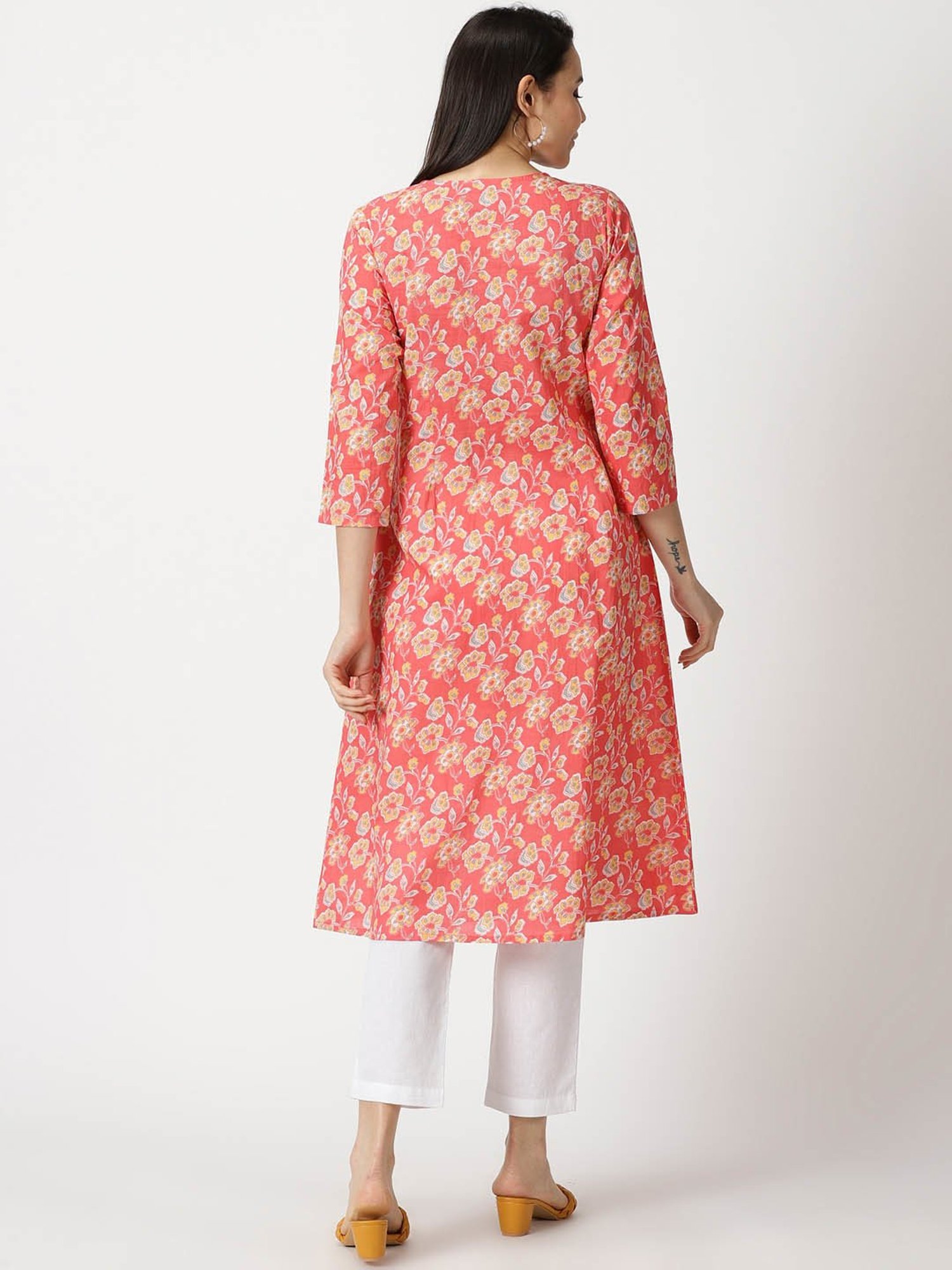 Saffron Threads Coral Cotton Floral Print A Line Kurta