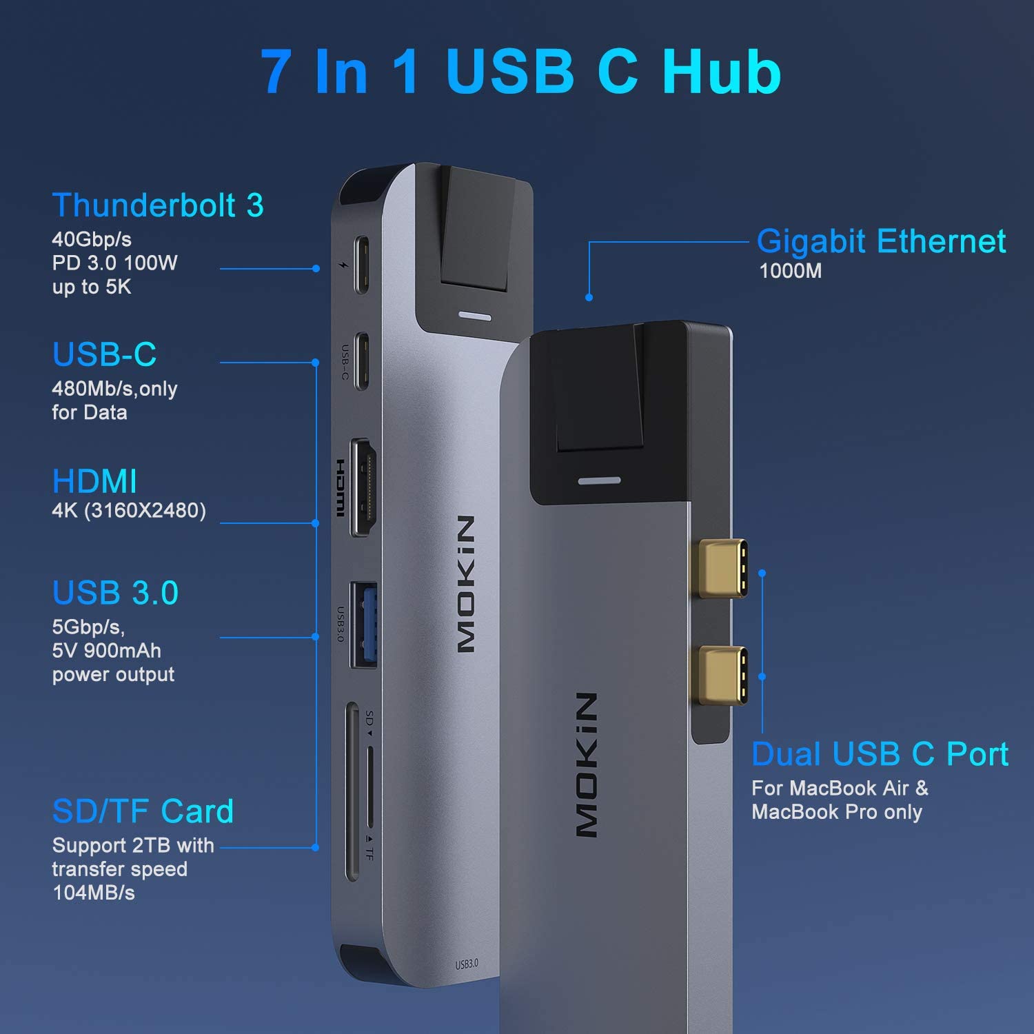 MacBook Pro USB Adapter, USB C Multiport Adapter Hub Mac Dongle for MacBook Pro/Air with 4K HDMI Port, Gigabit ethernet, 2 USB 3.0, TF/SD Card Reader, USB-C 100W PD and Thunderbolt 3