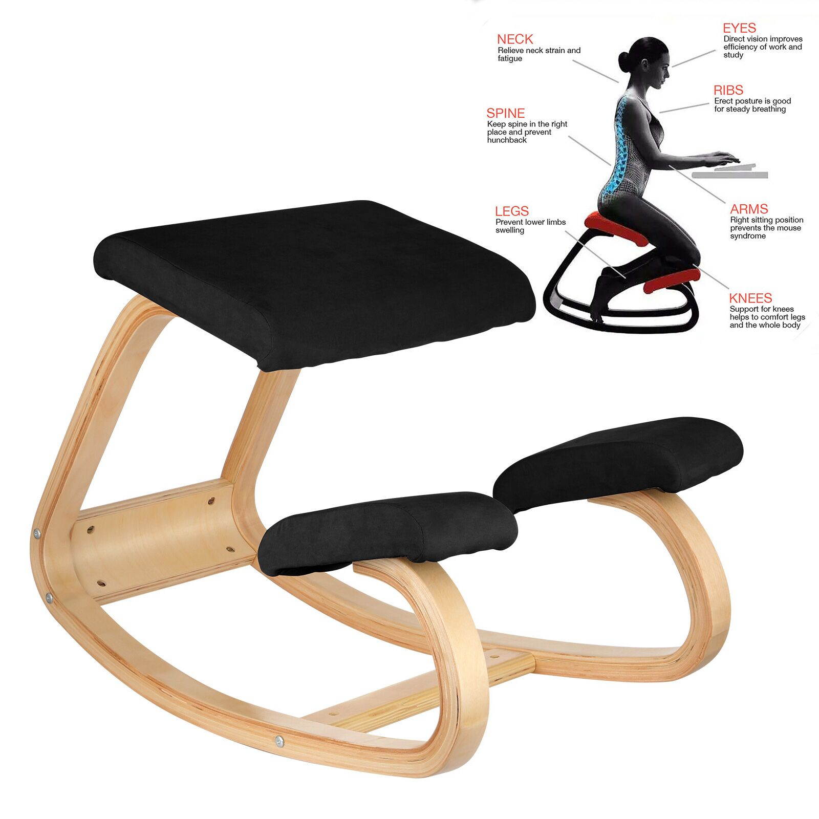 VEVOR Ergonomic Kneeling Chair Beech Wood Ergonomic Kneeling Office Chair Perfect for Body Shaping and Relieving Stress Black