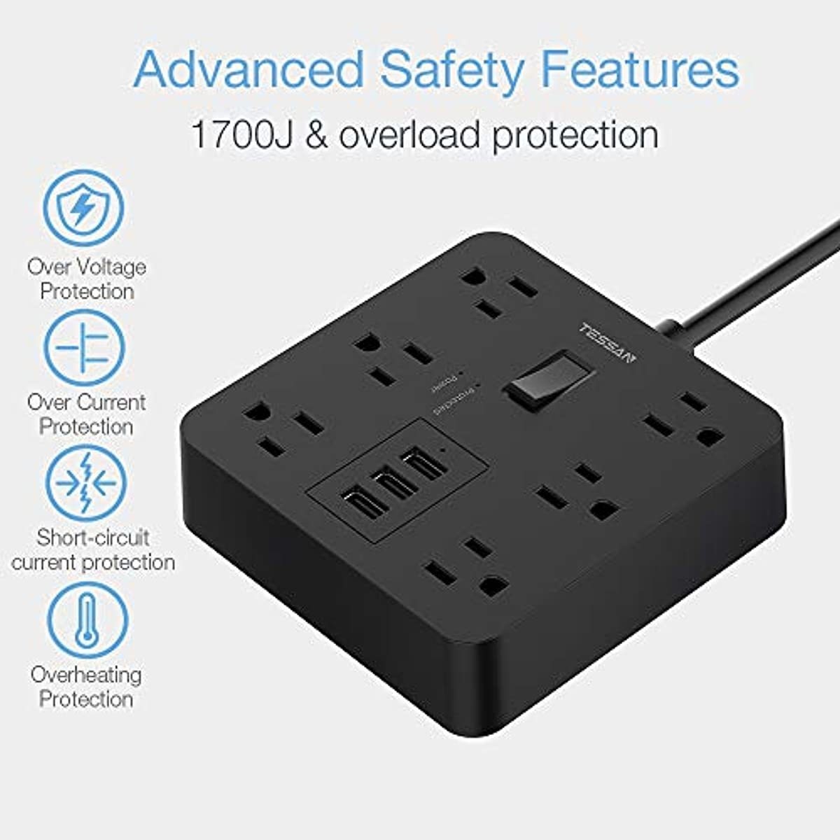 Power Strip with USB, TESSAN Desktop 5 Ft Extension Cord Flat Plug with 6 Widely Spaced Outlets, Built-in 1700J Surge Protector for Home and Office Accessories, Black