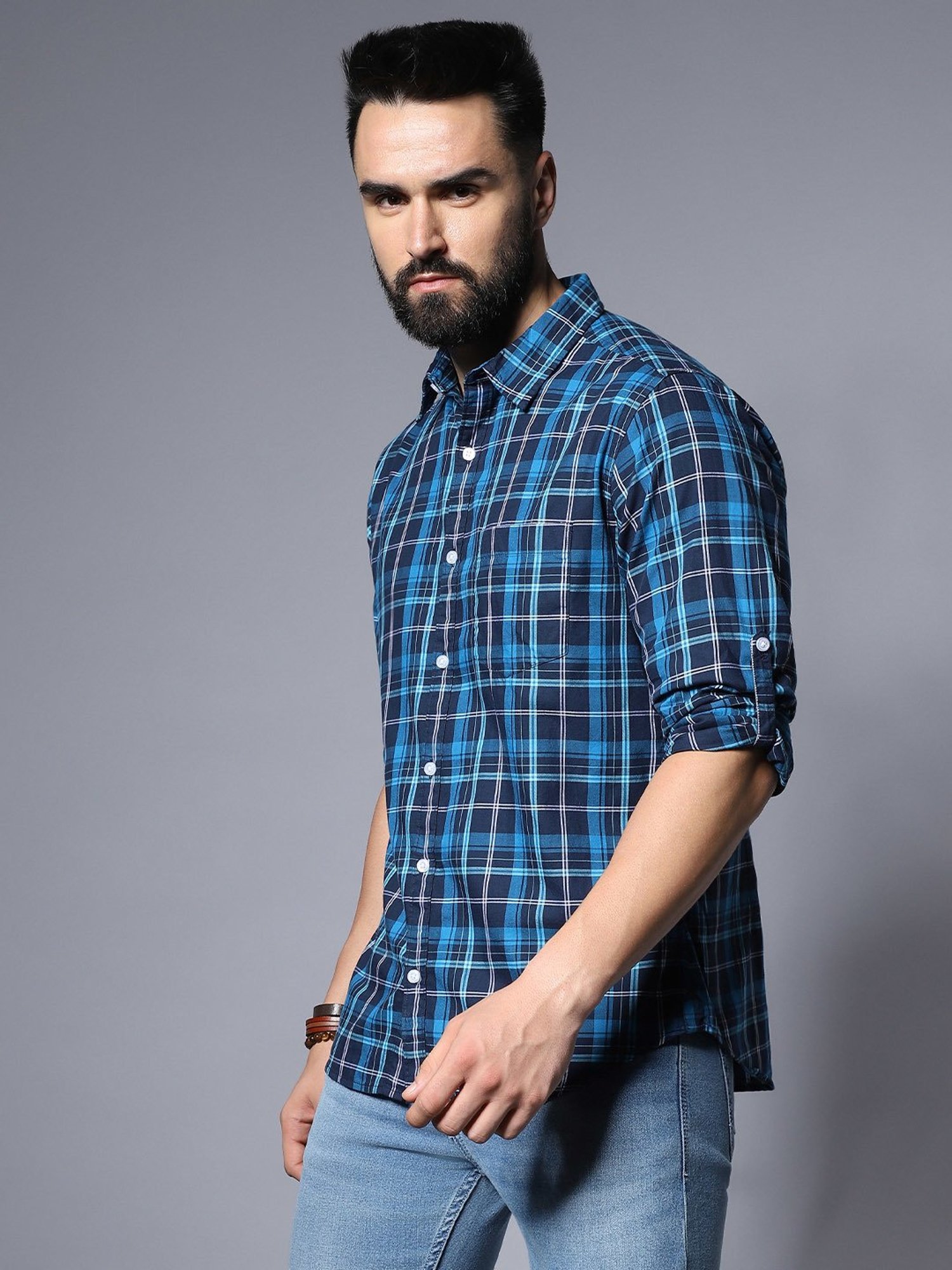 High Star Blue Relaxed Fit Checks Shirt