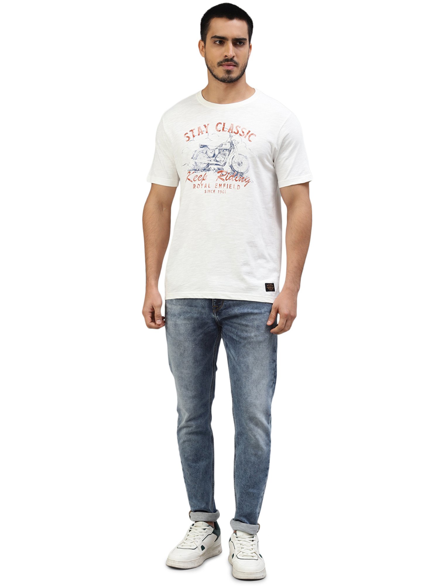 Royal Enfield Ride On White Regular Fit Printed Crew T-Shirt