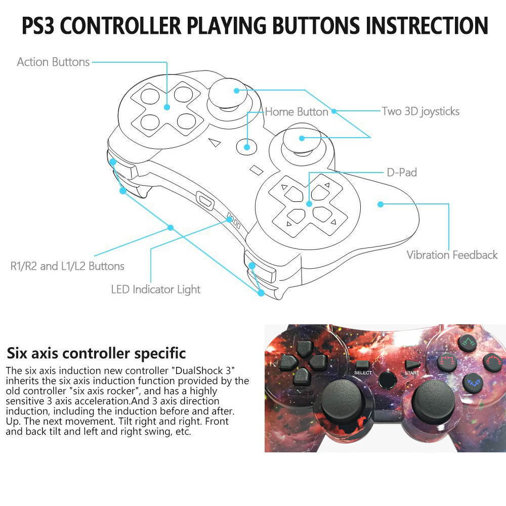 CHENGDAO PS3 Controller Wireless Dual Shock Gamepad for Sony Playstation 3 with Charging Cord (galaxy)