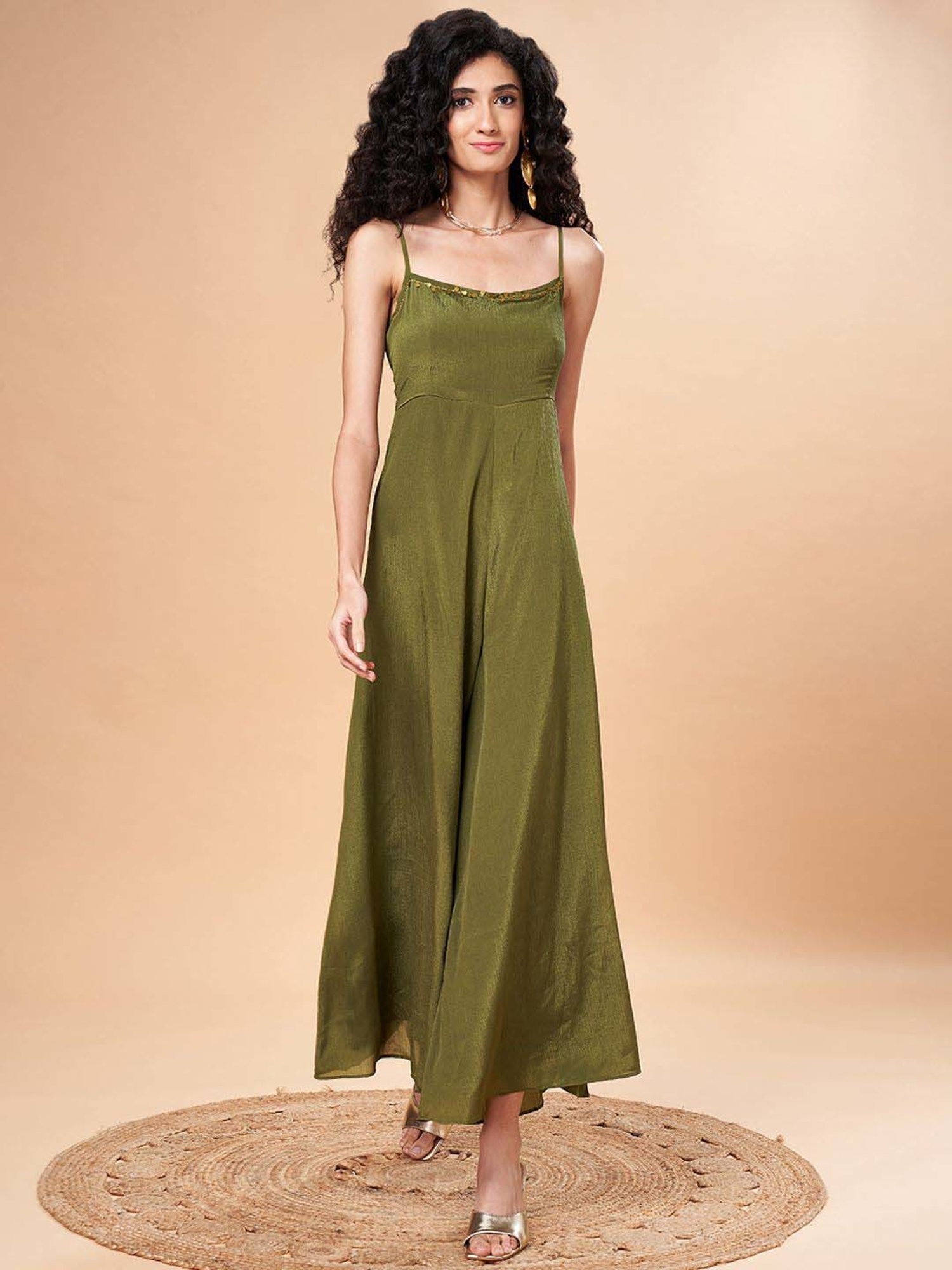 Marigold Lane Green Embellished Jumpsuit With Jacket