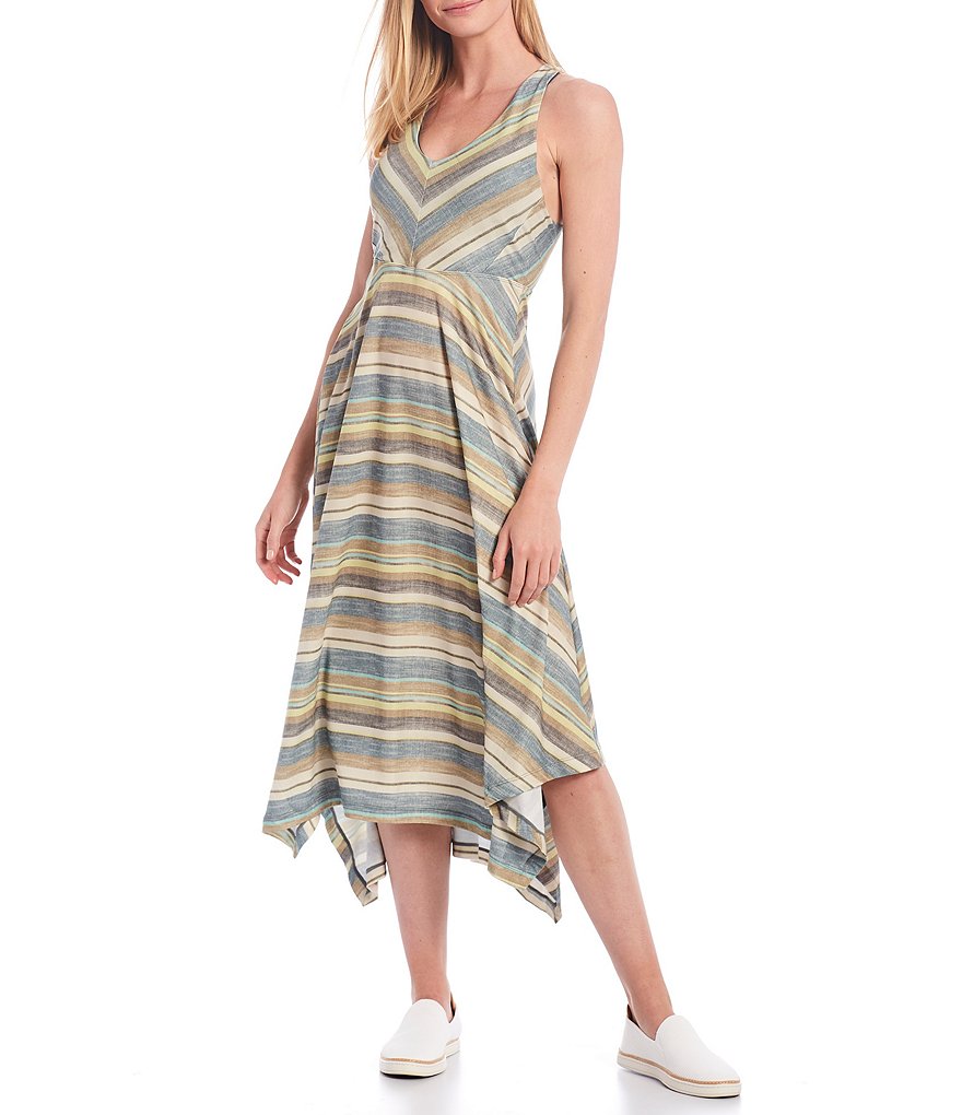 prAna Saxton Stripe V-Neck Back Cut Out Stretch Jersey Dress