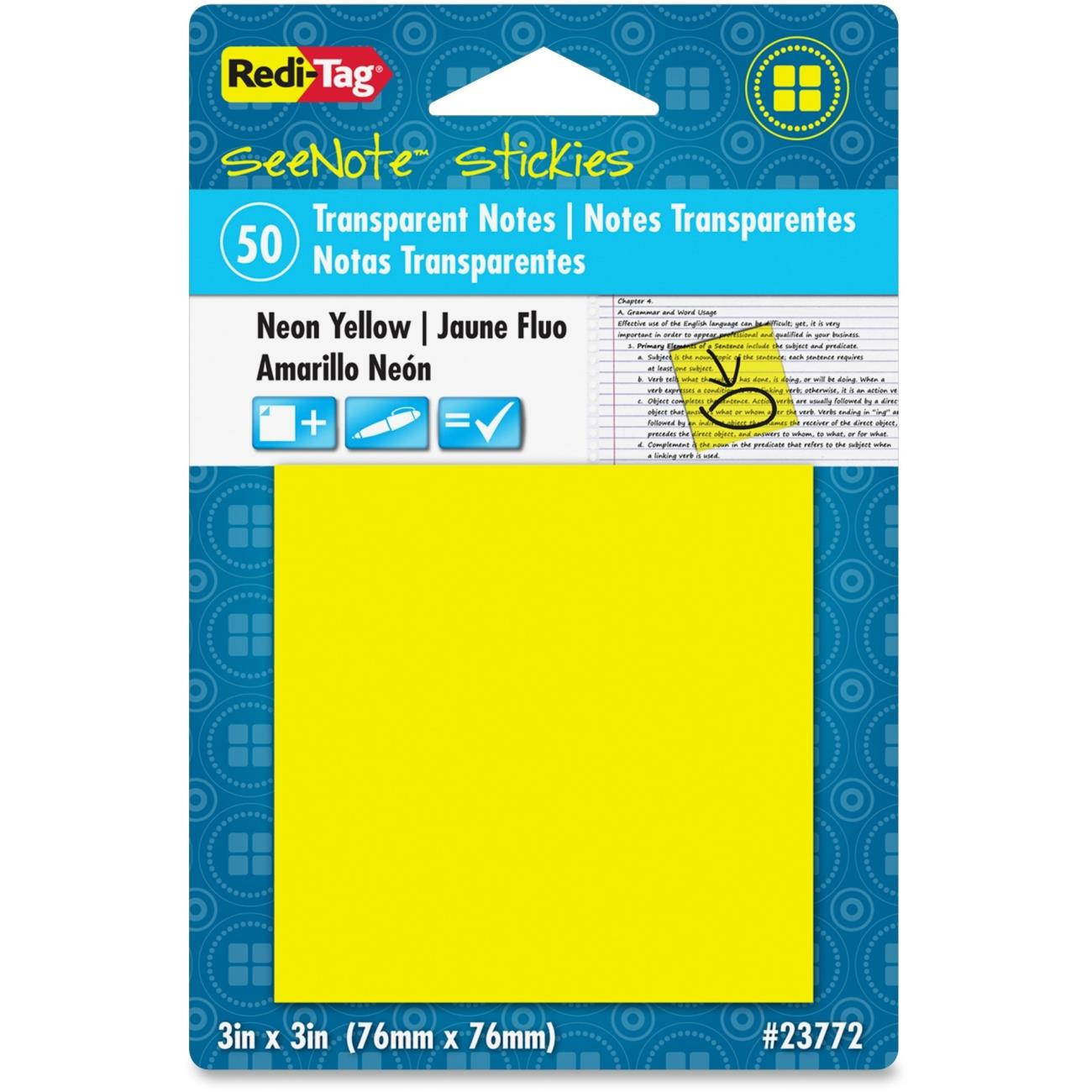 Redi-Tag Transparent Film Sticky Notes 3 x 3 Neon Yellow 50-Sheets/Pad 23772