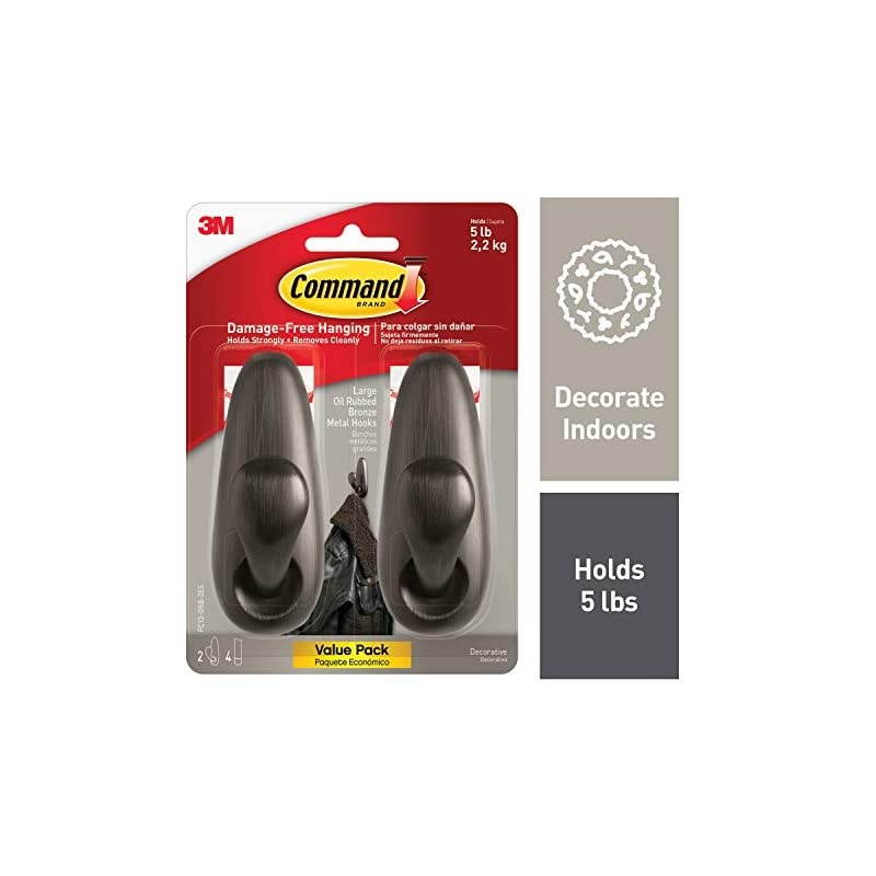 Large Forever Classic Metal Hook, Oil Rubbed Bronze, 2-Hooks, 4-Strips, Decorate Damage-Free