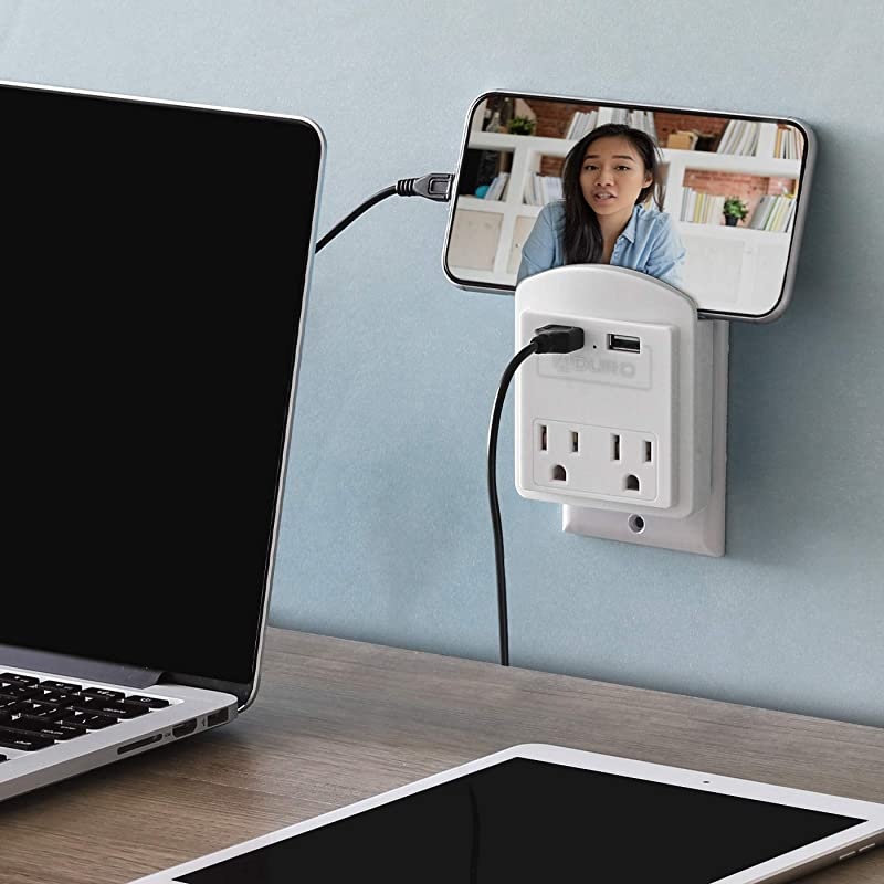 Surge Protector 2 Outlets Power Strip Station with 2 USB Ports Multiple Outlet Splitter Extender Adapter with Phone Shelf Stand ETL Listed White