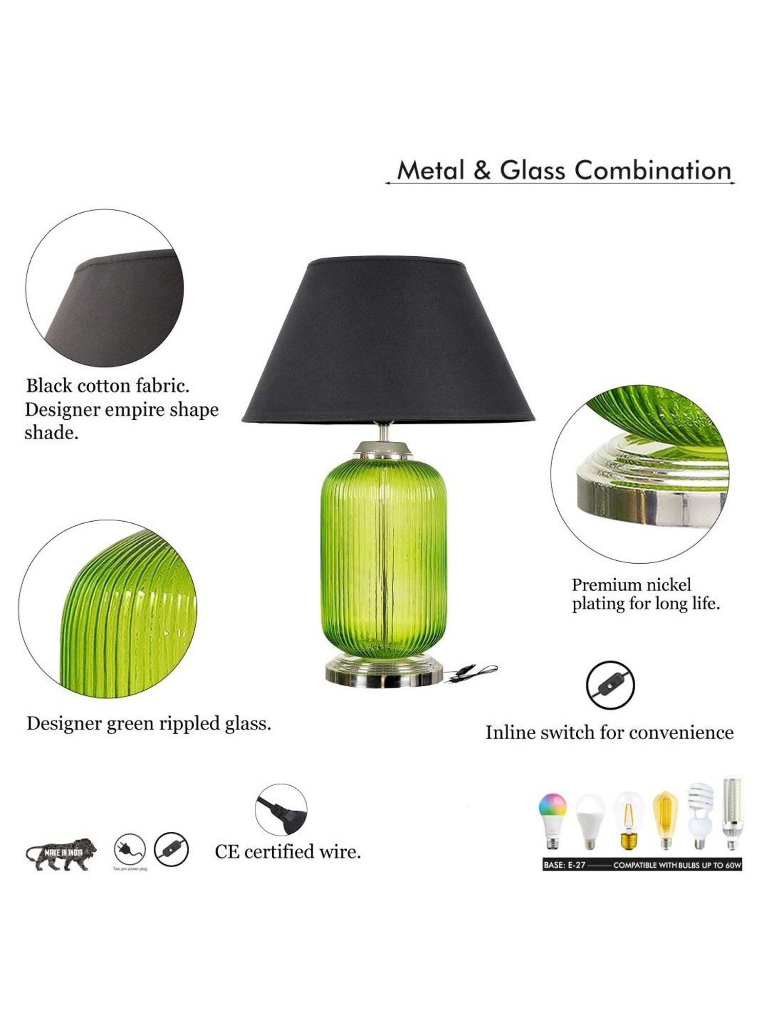 Kapoor Lamp Shades Green & Black Glass Maloto Luster Finish Cotton Shade Table Lamp