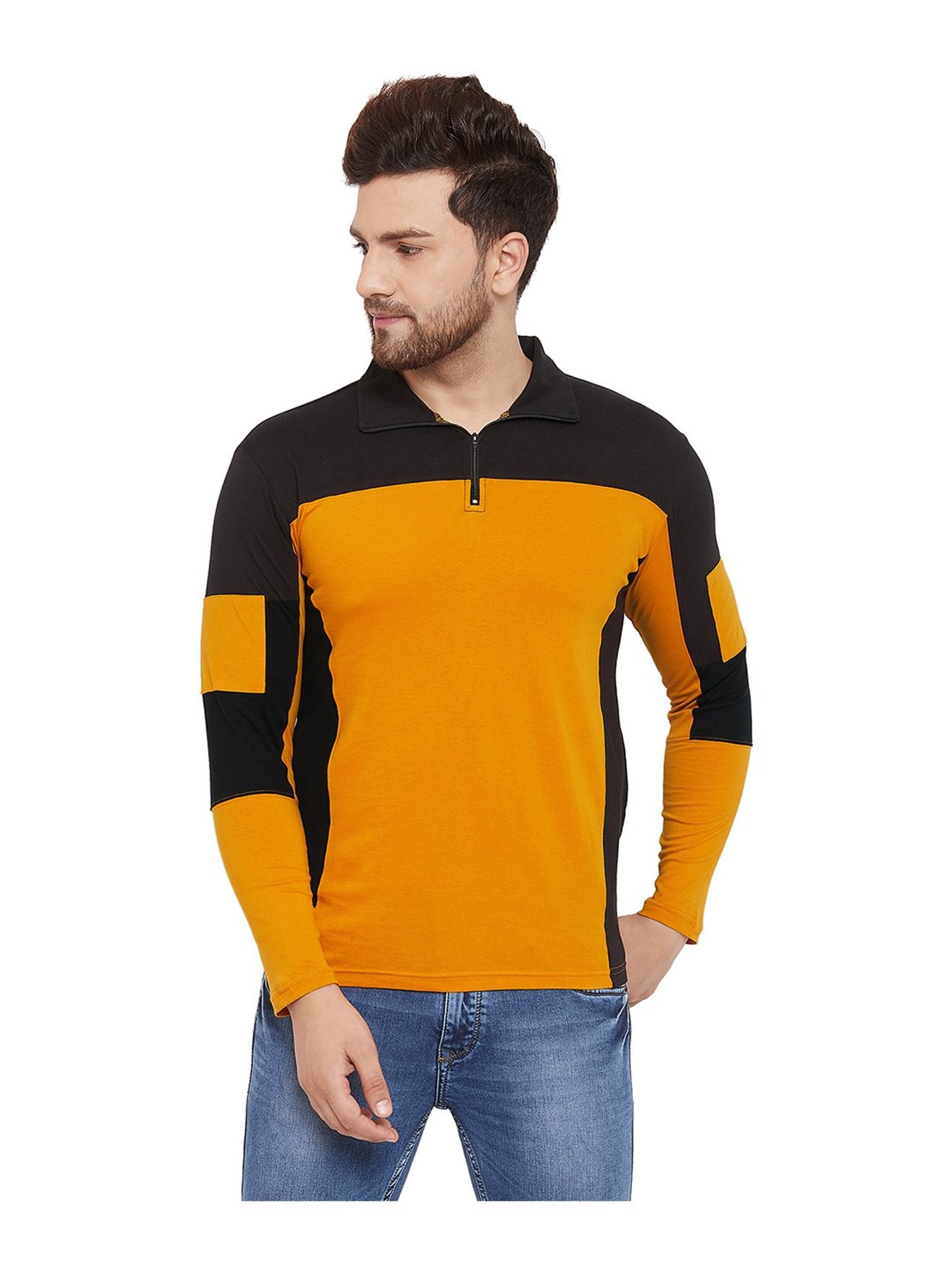 Hypernation Yellow & Black Cotton Regular Fit Color Block Polo T-Shirt