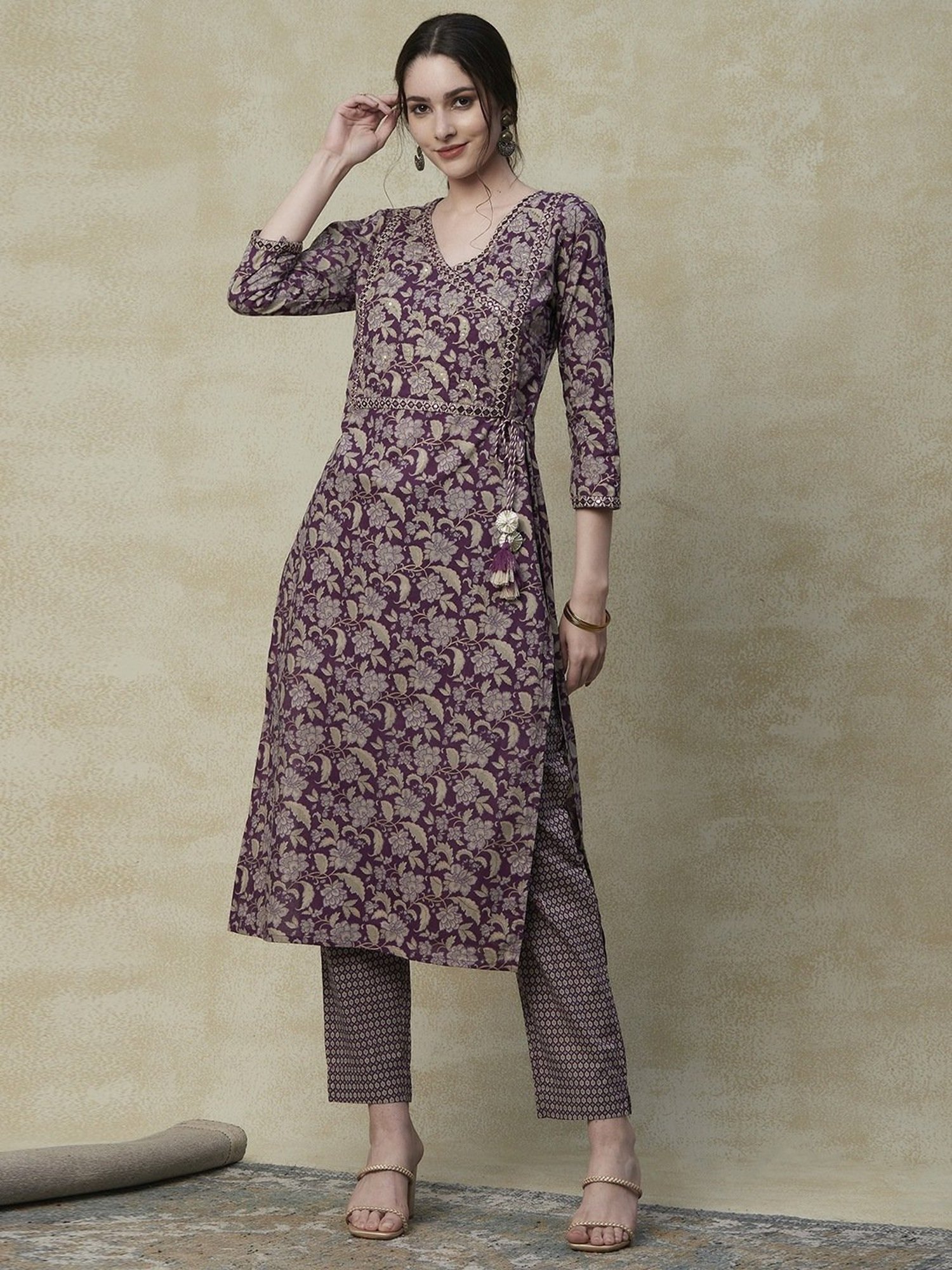 Fashor Purple Cotton Printed Kurta Pant Set