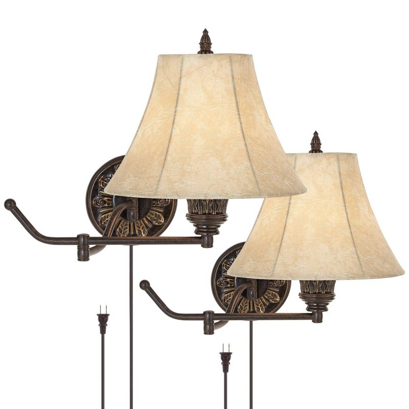 Barnes and Ivy Swing Arm Wall Lamps Set of 2 French Bronze Plug-In Light Fixture Faux Leather Shade Bedroom Living Room Reading