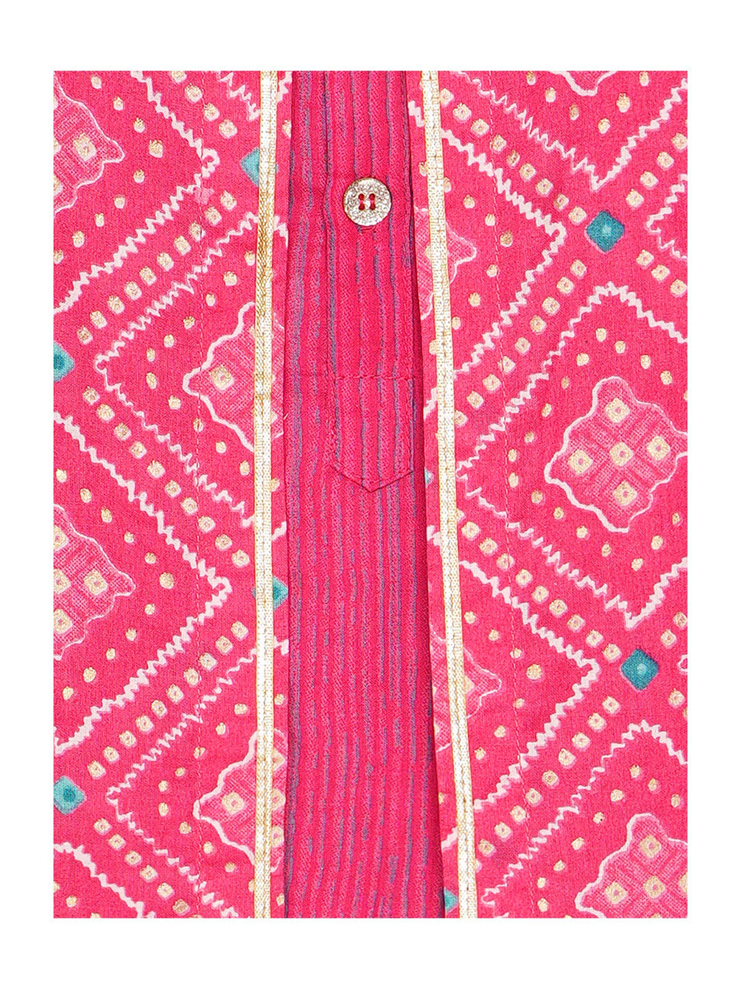 Budding Bees Boys Pink & White Printed Full Sleeves Kurta, Pyjamas & Nehru Jacket