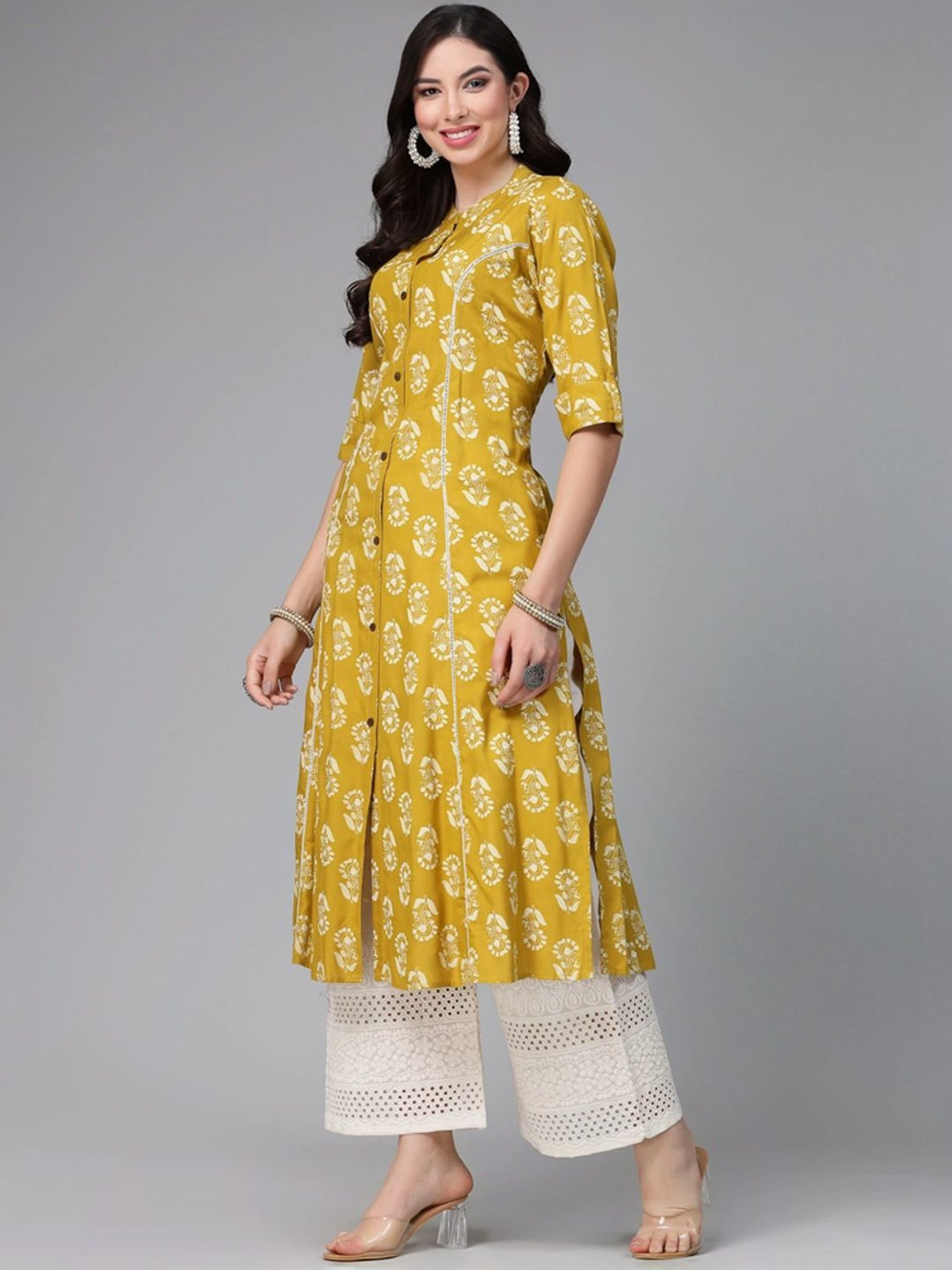 Stylum Lime Green Floral Print A-Line Kurta