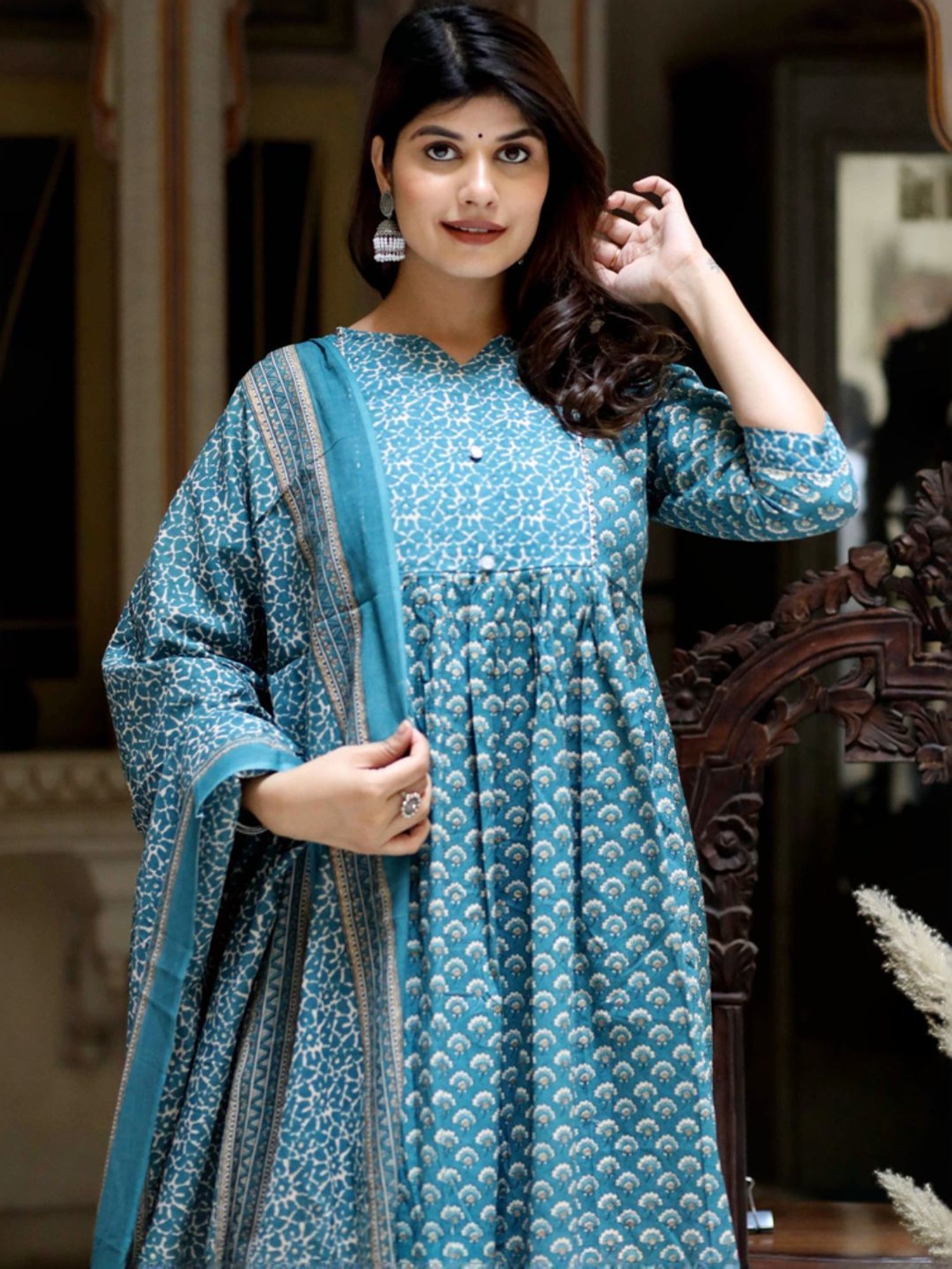 Miravan Blue Cotton Floral Print Kurta Palazzo Set With Dupatta