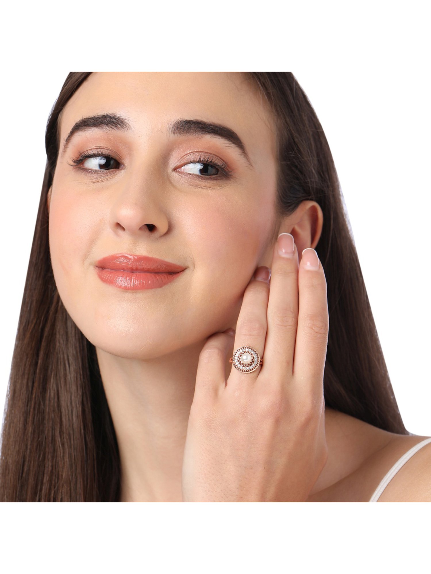 Zaveri Pearls Rose Gold Cubic Zirconia & Pearl Contemporary Brass Ring Cocktail Ring - ZPFK10900